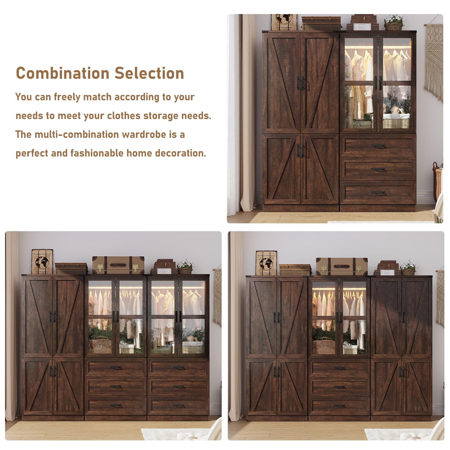 Hlivelood 75" Tall Farmhouse 2 Doors Armoire Wardrobe Closet with LED,Freestanding Closet Wardrobe Cabinet for Bedroom with Hanging Rod,Wooden Armoire Storage Cabinet with Adjustable Shelves(Brown)