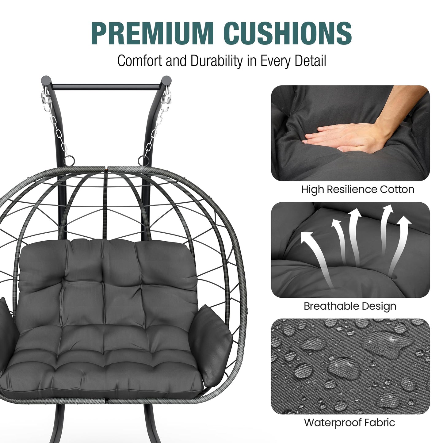 Pamapic Double Egg Chair wth Stand, 700 LBS Loveseat Rattan Swing Chair, UV Resistant Cushions with Armrests and Headrest, Thick Steel Frame Hammock Swing for Outdoor, Patio, Indoor(Grey)