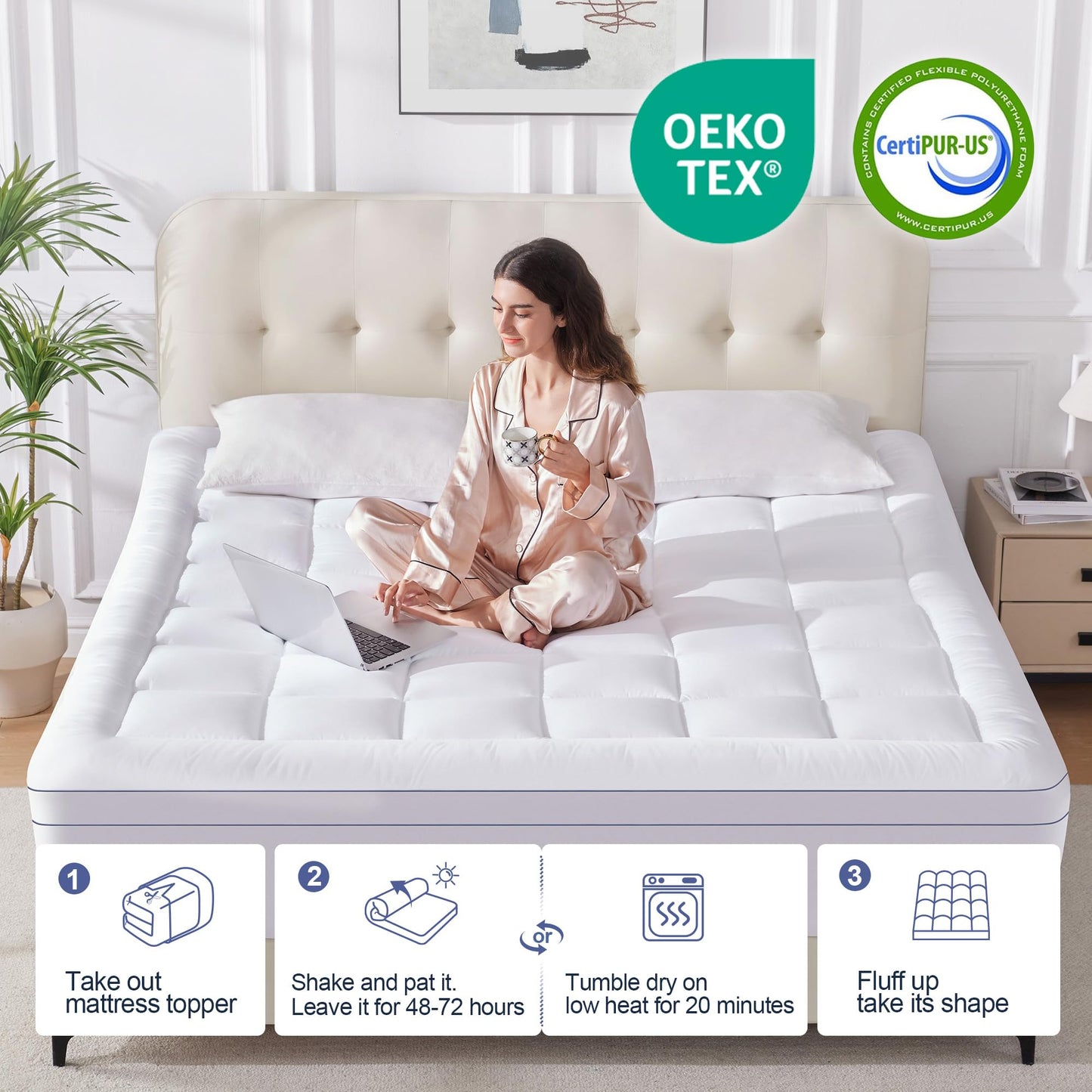 Eiayeebil Memory Foam Queen Mattress Topper, 4 Inch Dual Layer Mattress Pad with Pillow Top Mattress Topper Queen Size Bed Cover, Support for Back Pain (White)