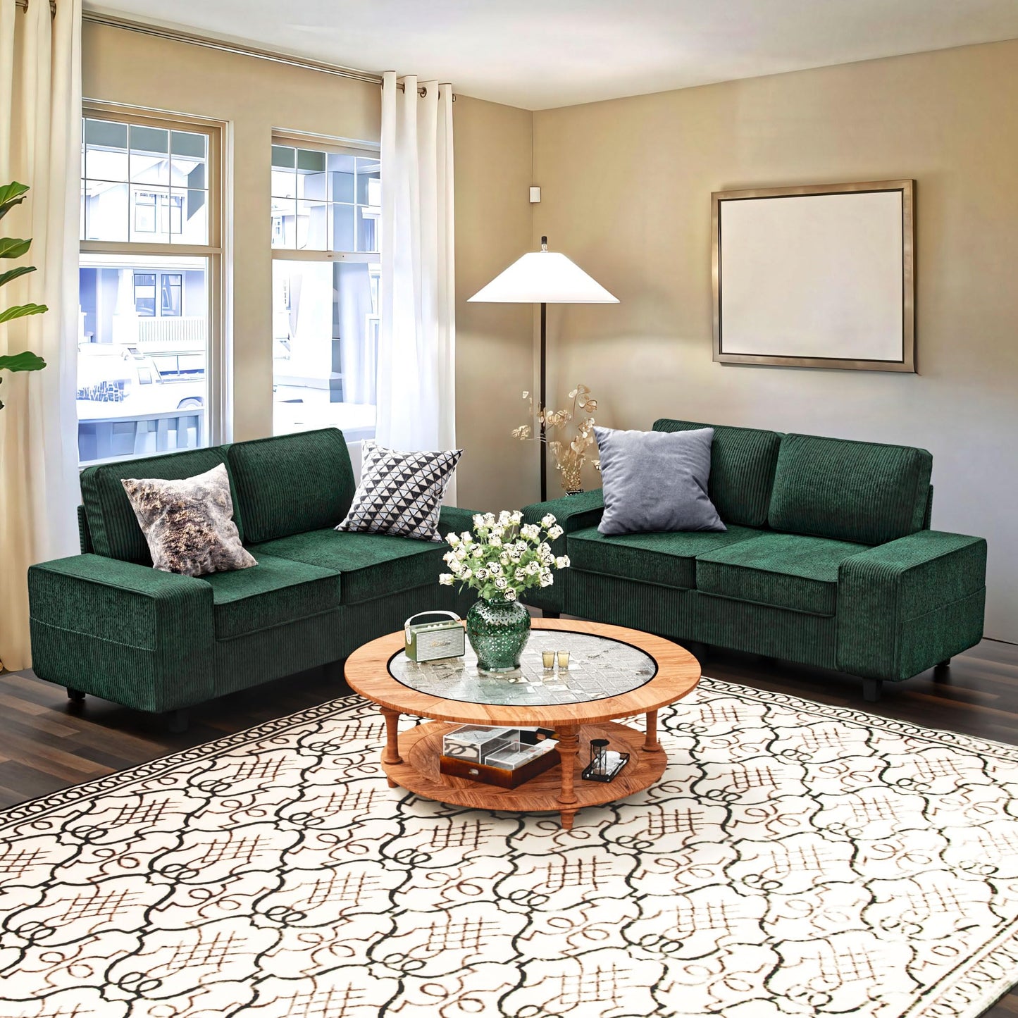 MeetLeisure 71" Corduroy Loveseat Couch, 2 Seater Retro Sofa with 4 Side Pockets, Removable and Washable Cushions, Mid Century Modern, Living Room, Apartment, Office (Green)