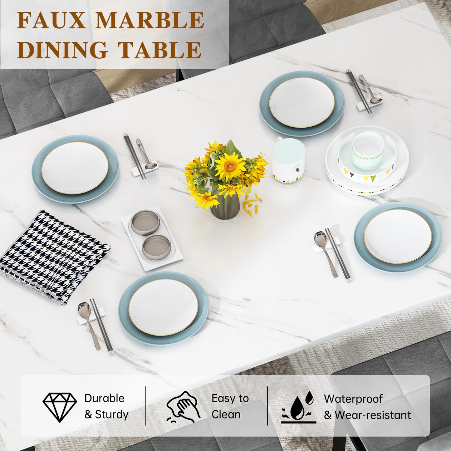 Hooseng Dining Room Table Set 5 Piece Dining Table Set Marble Dining Table 4 Chair Dining Table Set for Kitchen Living Room Breakfast Small Spaces (Grey)