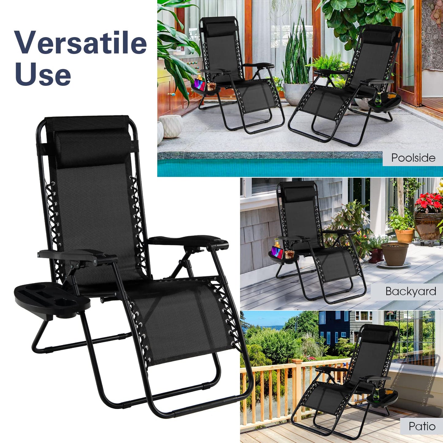 Goplus Zero Gravity Lounge Chairs, 160°Adjustable Folding Recliner w/Pillow and Cup Holder, 350LBS Comfy Outdoor Lounge Chairs for Patio, Lawn, Yard & Camp(Set of 2, Black)