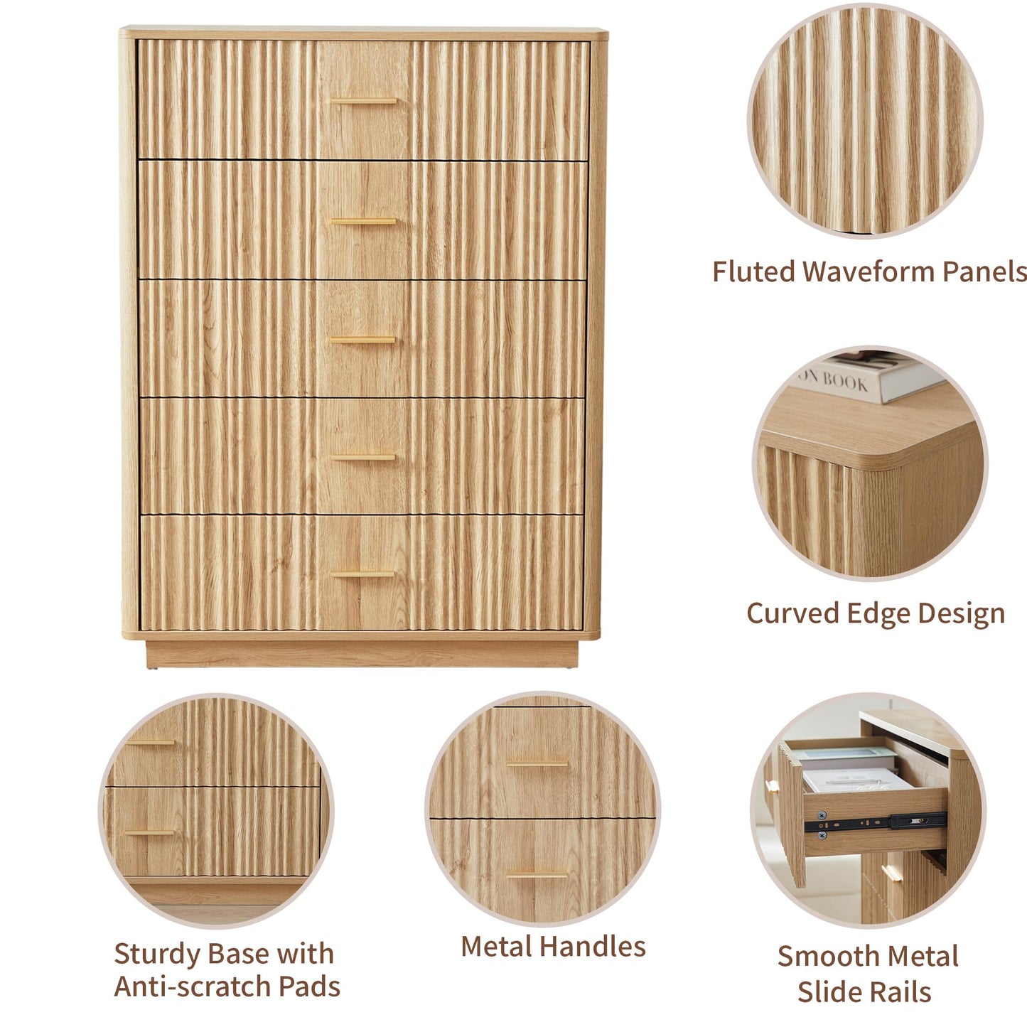 Fluted 5 Drawers Dresser for Bedroom, Wooden Tall Storage Dresser, Modern Chest of Drawers with Metal Handle, Curved Profile Wood Closet Clothes Storage Organizer for Living Room, Hallway, Natural
