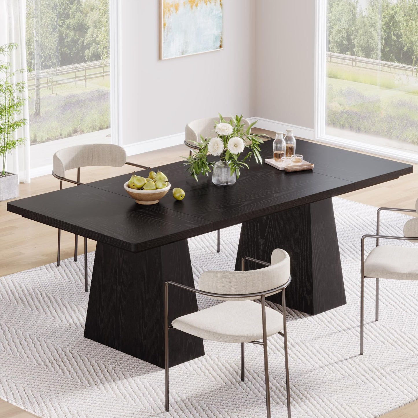 Tribesigns Dining Table for 6, Farmhouse Wood Dinner Rectangular Table Kitchen Table with Double Pedestal, 63" L x 31.5" W x 30" H, Black