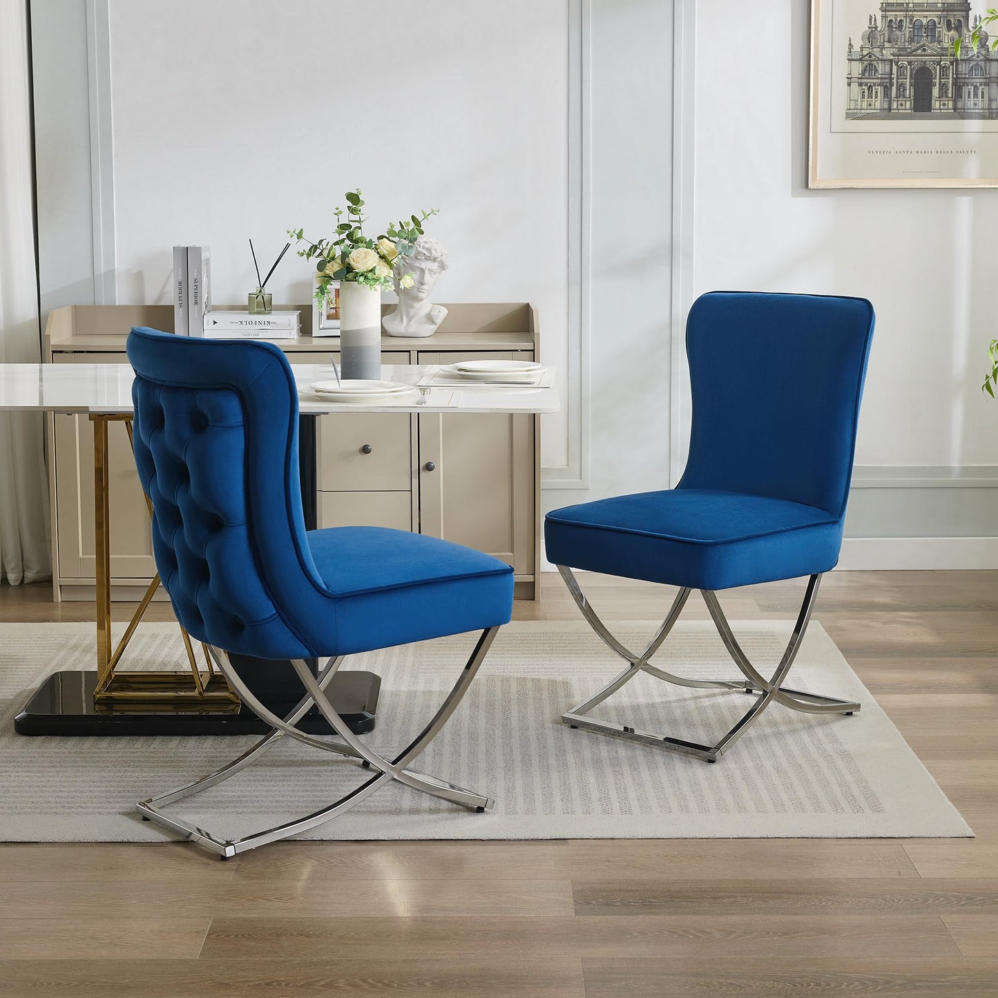 Luxury Velvet Dining Chairs, Tufted Upholstered Armless Accent Chairs with Silver Metal X-Legs, Modern Glam Dining Room Chair Set of 2, Navy
