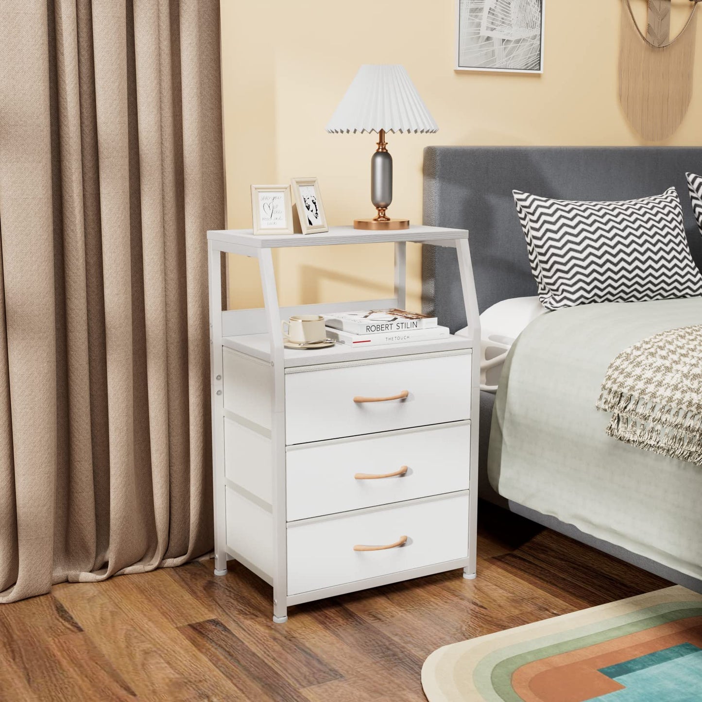Furnulem White Nightstand with 3 Drawers and 2-Tier Shelf, Small Night Stand End Table Side Furniture, Fabric Storage Organizer for Bedroom, Closet, Hallway, Nursery, Sturdy Steel Frame, Wood Top
