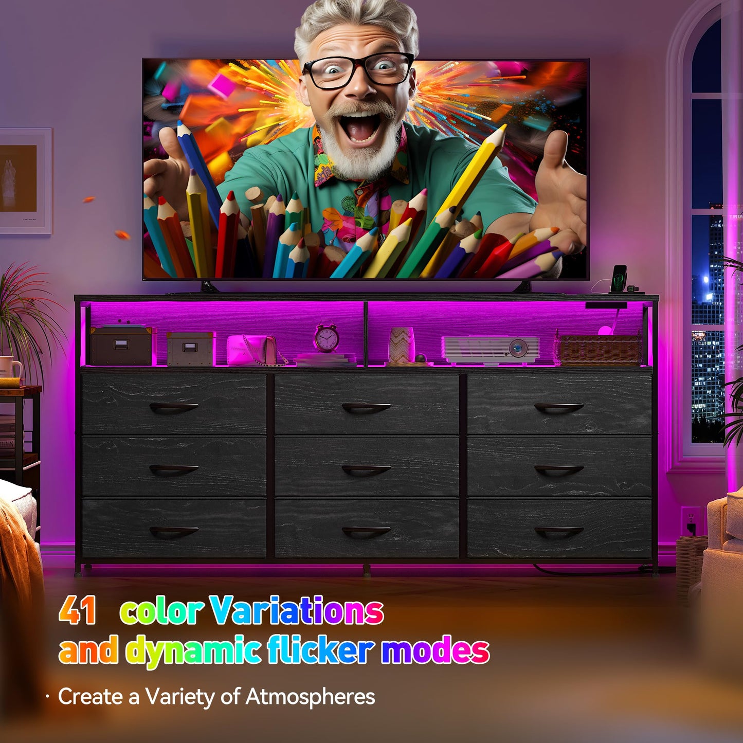 EnHomee 55” W Black Dresser for Bedroom with Charging Station & LED, 65" TV Stand for Bedroom with 9 Fabric Drawers, Sturdy Chest of Drawers with Open Storage Shelves for Closet, Living Room