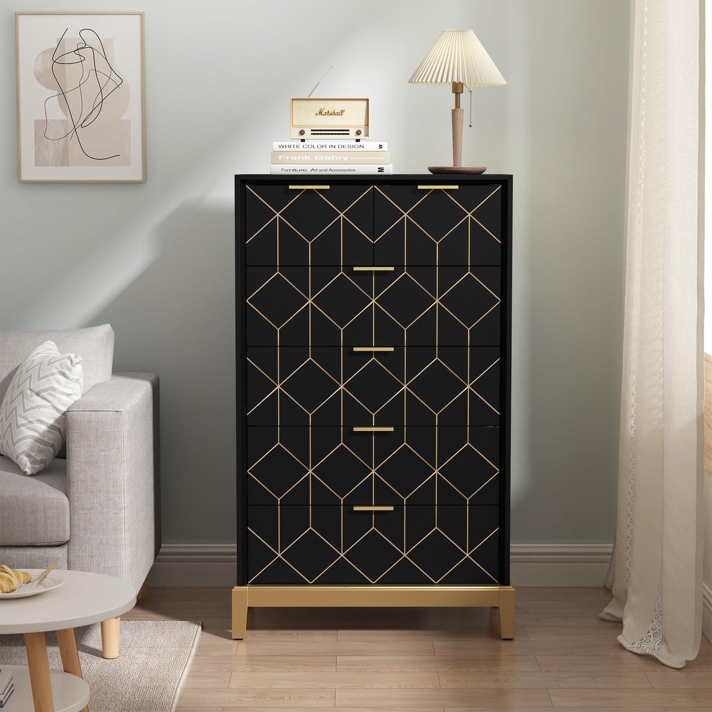HLR 6 Drawer Dresser for Bedroom,Modern Wood Chest of Drawers with Gold Trim, Tall Dresser Storage Tower, Large Capacity Organizer Unit for Closet, Living Room, Hallway, Entryway，Black