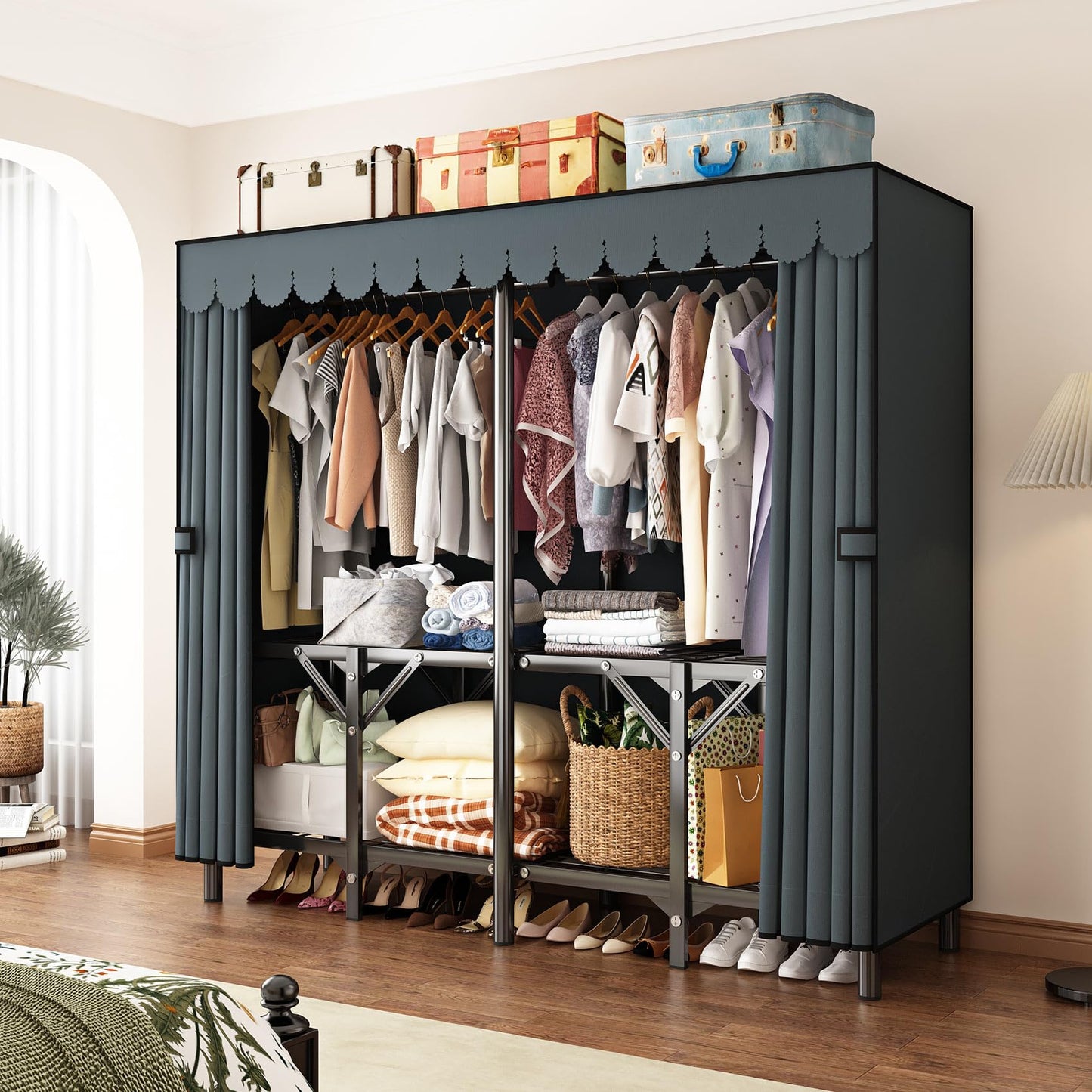 LEAIJIAFY Gray Large Portable Armoire Wardrobe Closet with Foldable Clothing Wardrobe 25MM Steel Pipe Metal Frame Clothes Rack,One Piece Folding Design