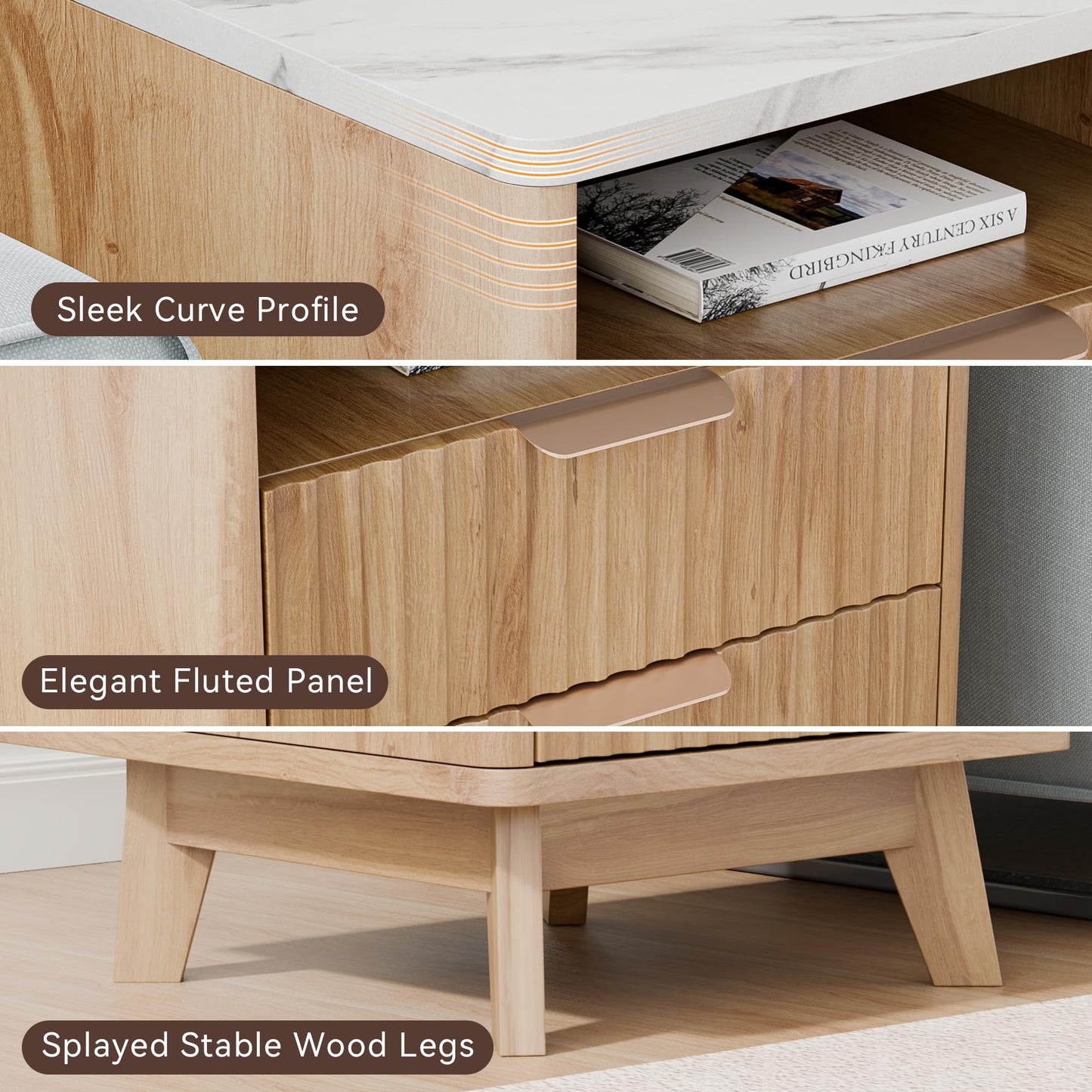 HOCAT Fluted Nightstand with 2 Drawers, 18" Modern Bed Night Stand with Faux Marble Top, Open Storage Shelf, Curved Edge Bedside Table for Bedroom, Living Room End Side Table, Natural Oak