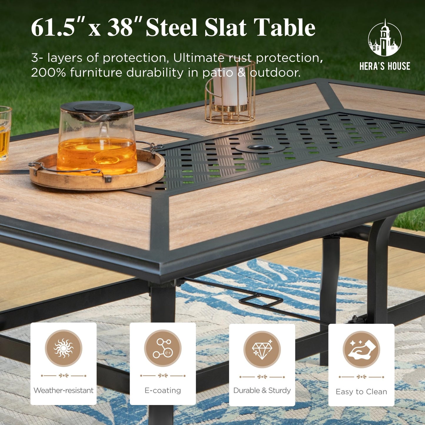 HERA'S HOUSE Patio Table and Chairs Set, Rectangular Outdoor Metal Table with Umbrella Hole, 7 Pieces Outdoor Dining Sets for Backyard Lawn Deck(Brown)