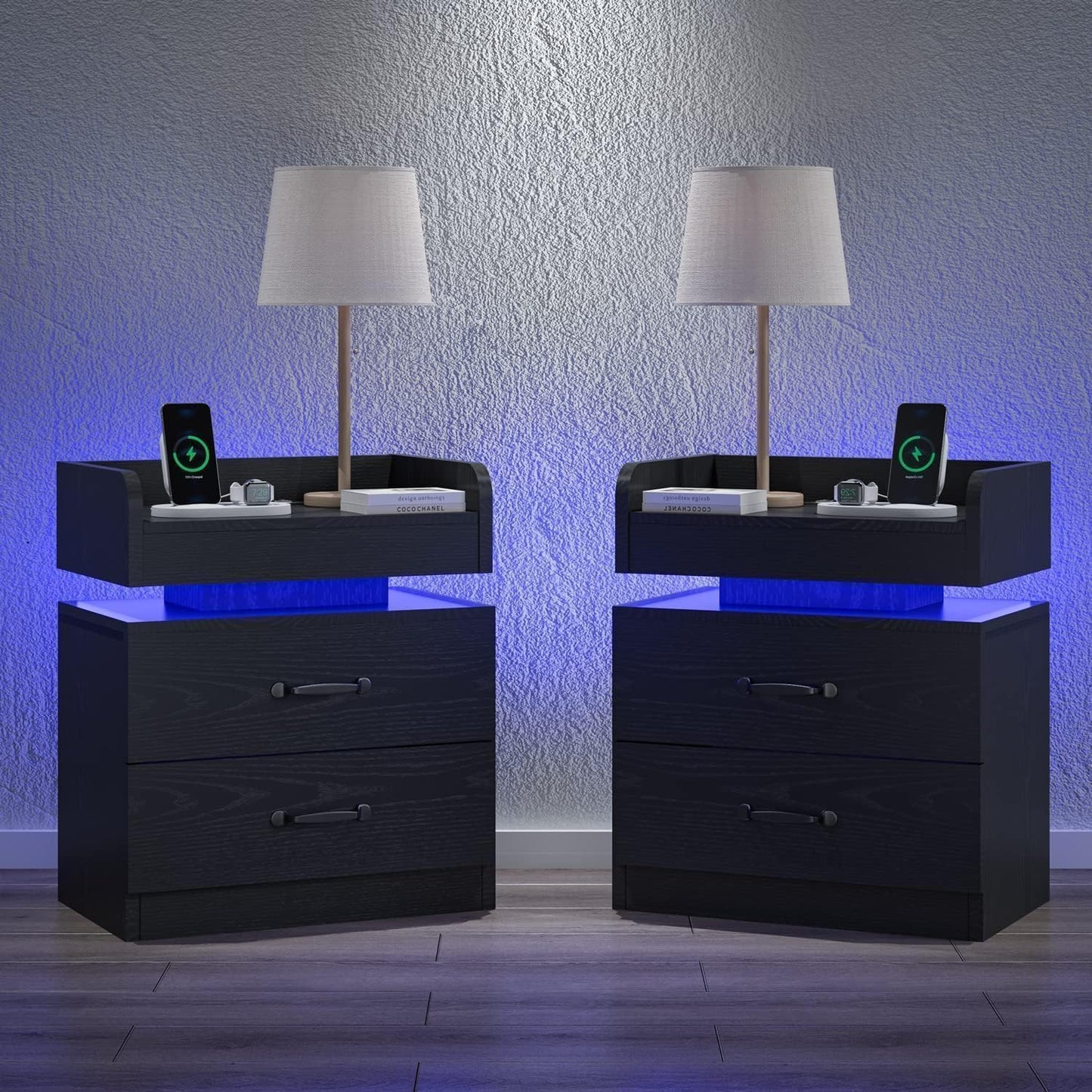 Black Nightstand with Charging Station, Night Stand with LED Lights, Modern Led End Table, Nightstand for Bedroom, Night Stand with 2 Drawers, Bed Side Table with Storage for Living Room