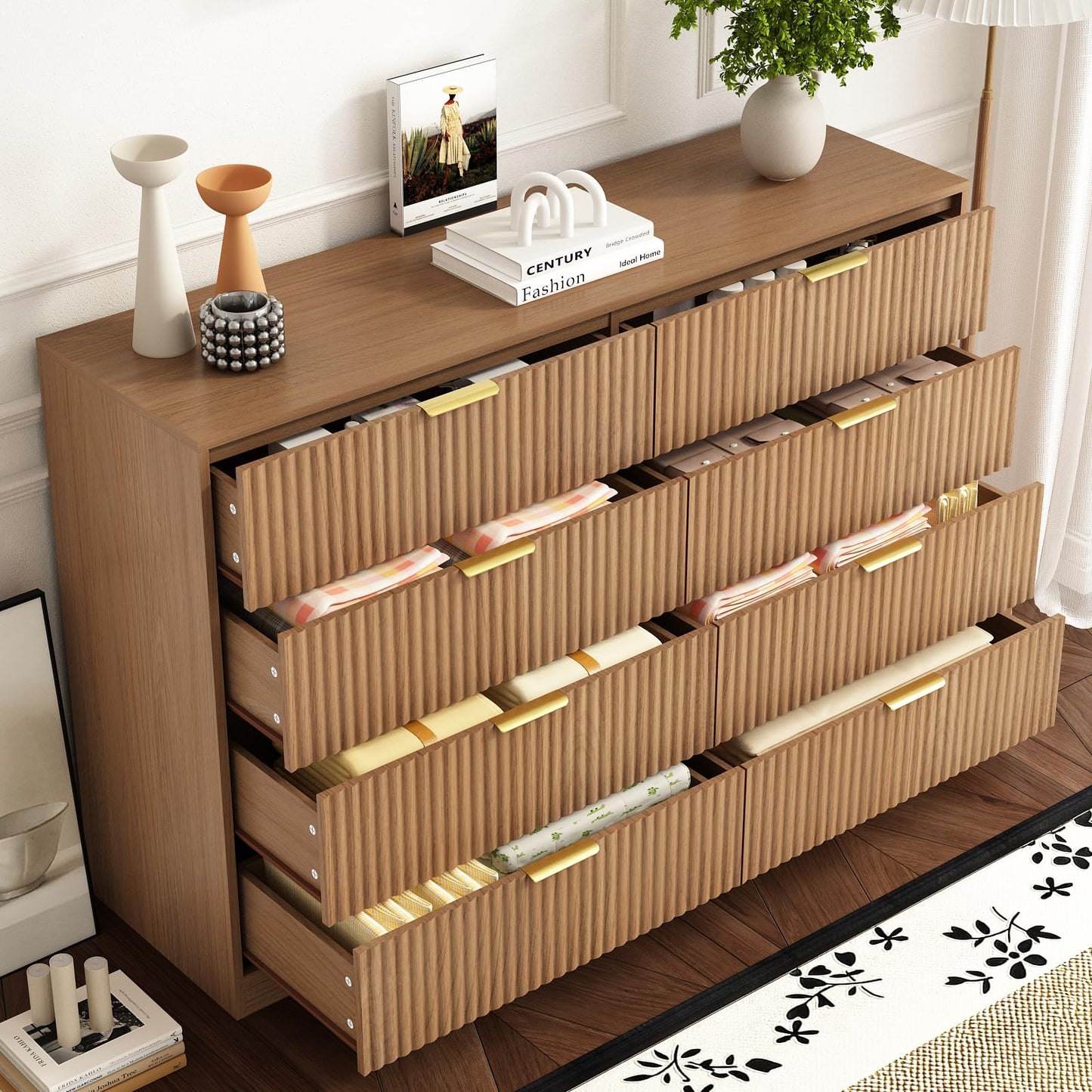 Sscaktu 8 Drawer Dresser for Bedroom, Modern Fluted Double Dresser, 55" Wide Chest of Dressers, Mid Century Wooden Beside Table for Closet, Living Room and Entryway, Natural
