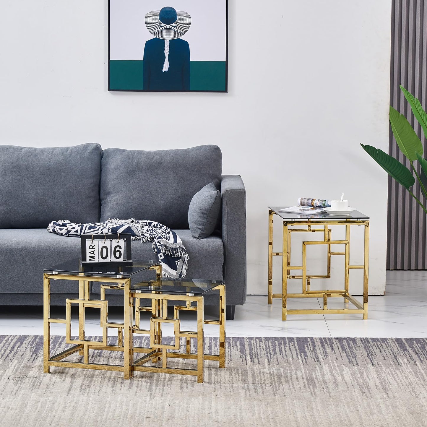 ENJAOUSLF Set of 3 Nesting Coffee Tables Gold Stainless Steel Blue Grey Tempered Glass Modern Sofa Side End Tables