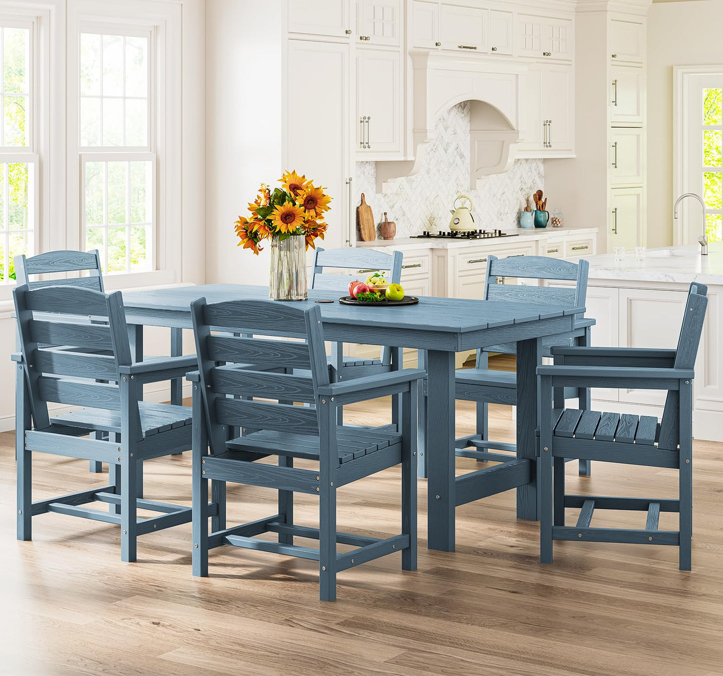 SERWALL Kitchen Table Set for 4，67" Extended Large Dining Table with 2 Benches, Blue