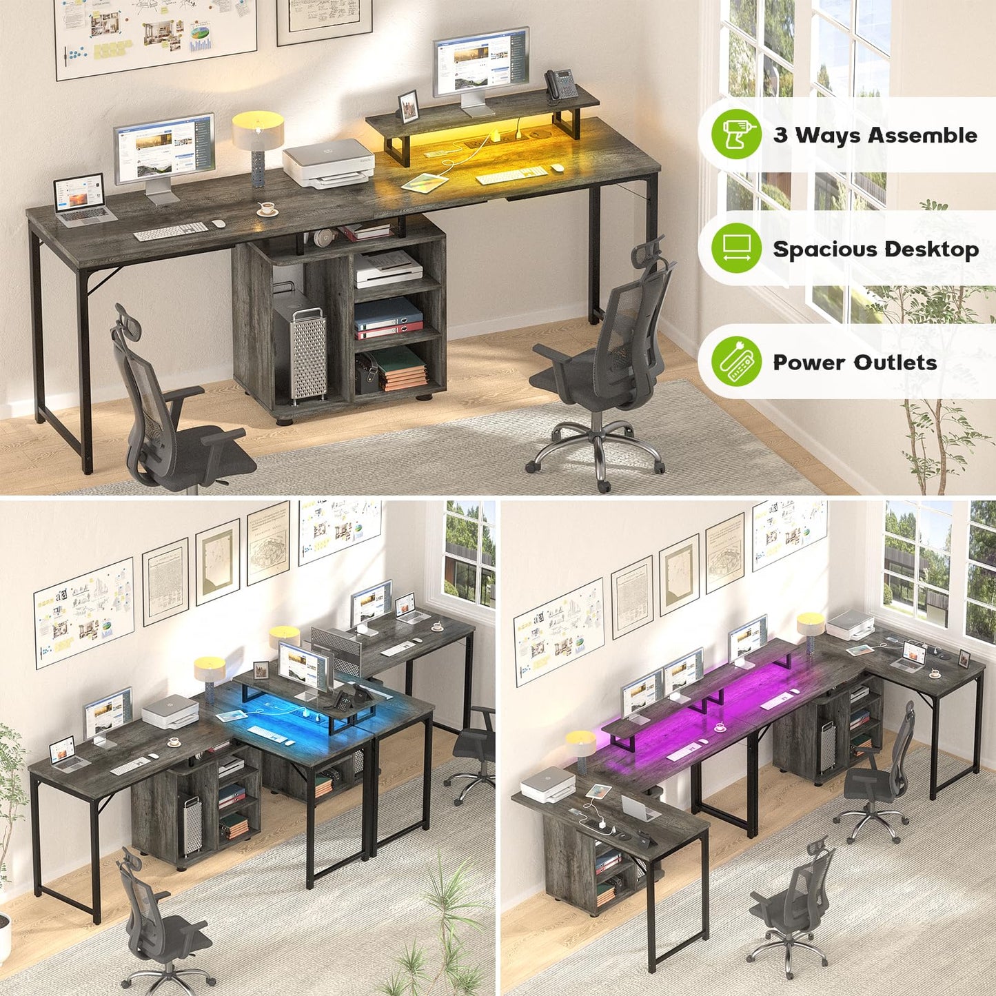 Cyclysio L Shaped Gaming Desk with Wood Cabinet, 58" Large Corner Desk with LED Lights & Power Outlet, Reversible Computer Desks with Computer Tower Stand, 2 Person Desks for Home Office, Grey