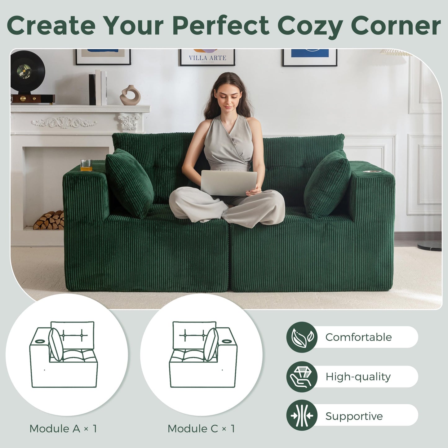 MAXYOYO Modular Sectional Sofa Couch, Loveseat Boneless Cloud Couch for Living Room, Sofa in A Box, Upholstered Cozy Chair with Tufted Craft, No Assembly Required, Green