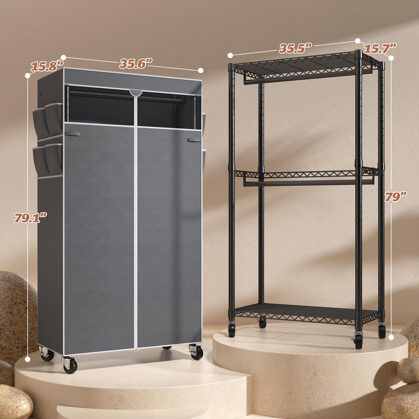 Raybee Clothes Rack with Cover and Wheels,Heavy Duty Clothing Racks for Hanging Clothes Adjustable, Rolling Portable Closet, 35.5" W*15.7" D*79 "H Black