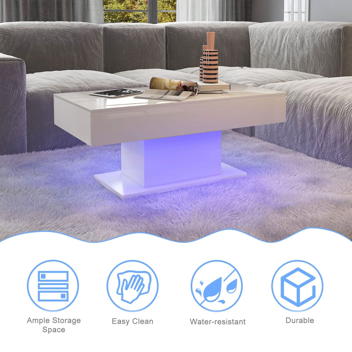 HedoAjim Led Coffee Table for Living Room, Living Room Table Rectangular Center Table, Modern High Glossy Wooden Coffee Tables with 16 Colors LED Lights for Dining Reception Room, White