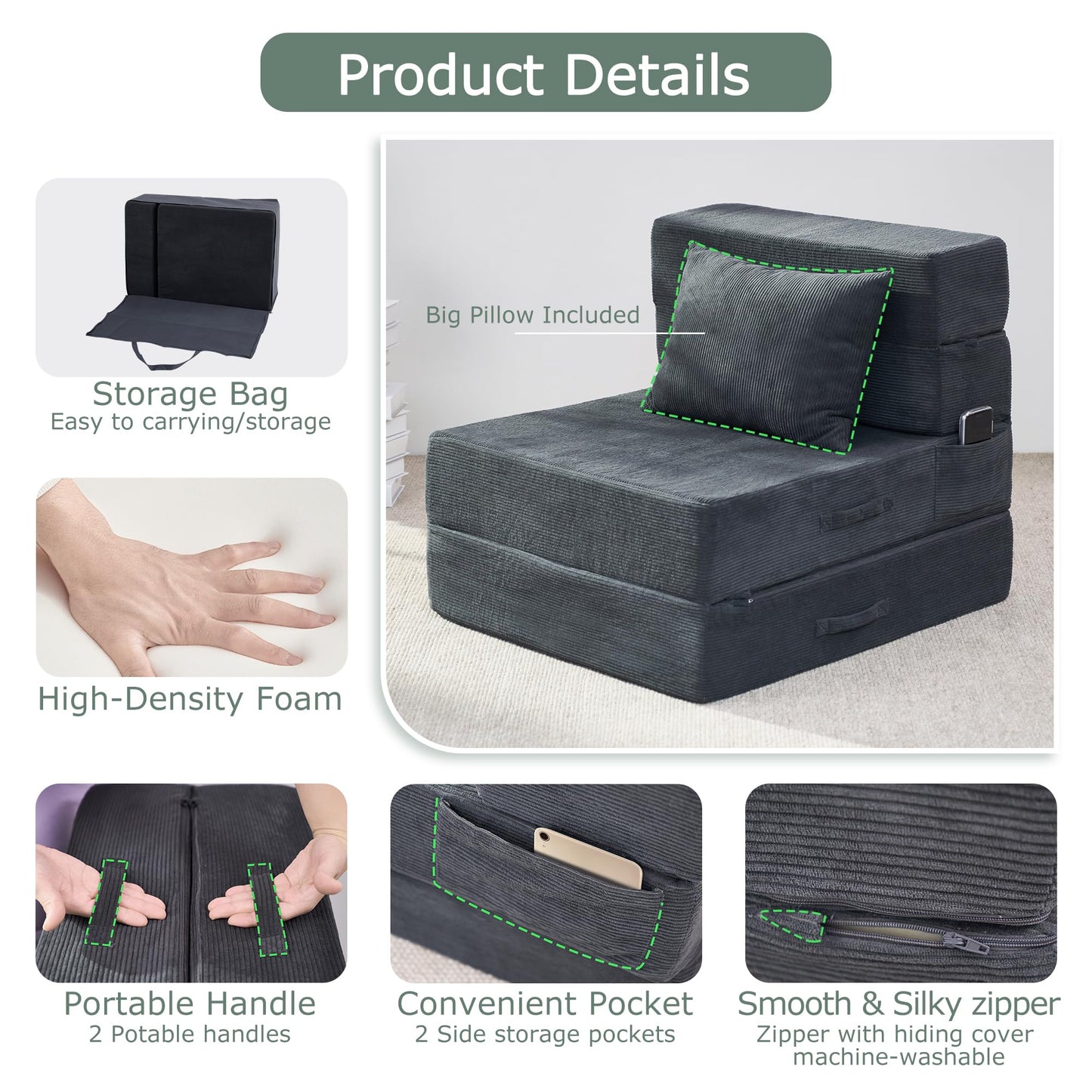 HILERO Folding Sofa Bed, 4 in 1 Convertible Sleeper Chair with Pillow, Single Memory Foam Fold Out Chair Bed, Modern Floor Futon Sofa Couch Mattress for Living Room/Guest/Apartment, Dark Grey