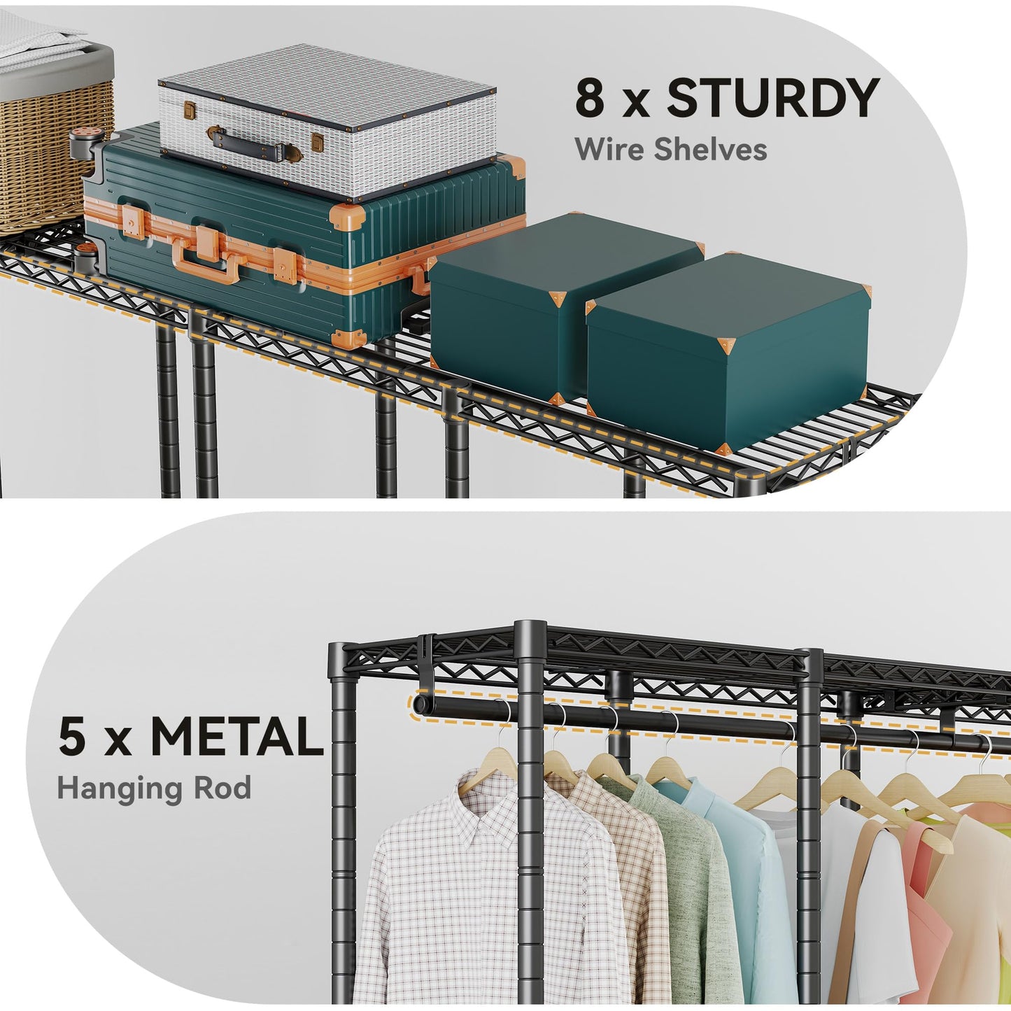 Higeego H5 Extra Large Wire Garment Rack, Heavy Duty Clothes Rack, Large Wardrobe Closet, Freestanding Closet Rack for Hanging Clothes, Clothing Racks with Adjustable Shelf, 93.3"Lx15.7"Wx75.4"H,Black