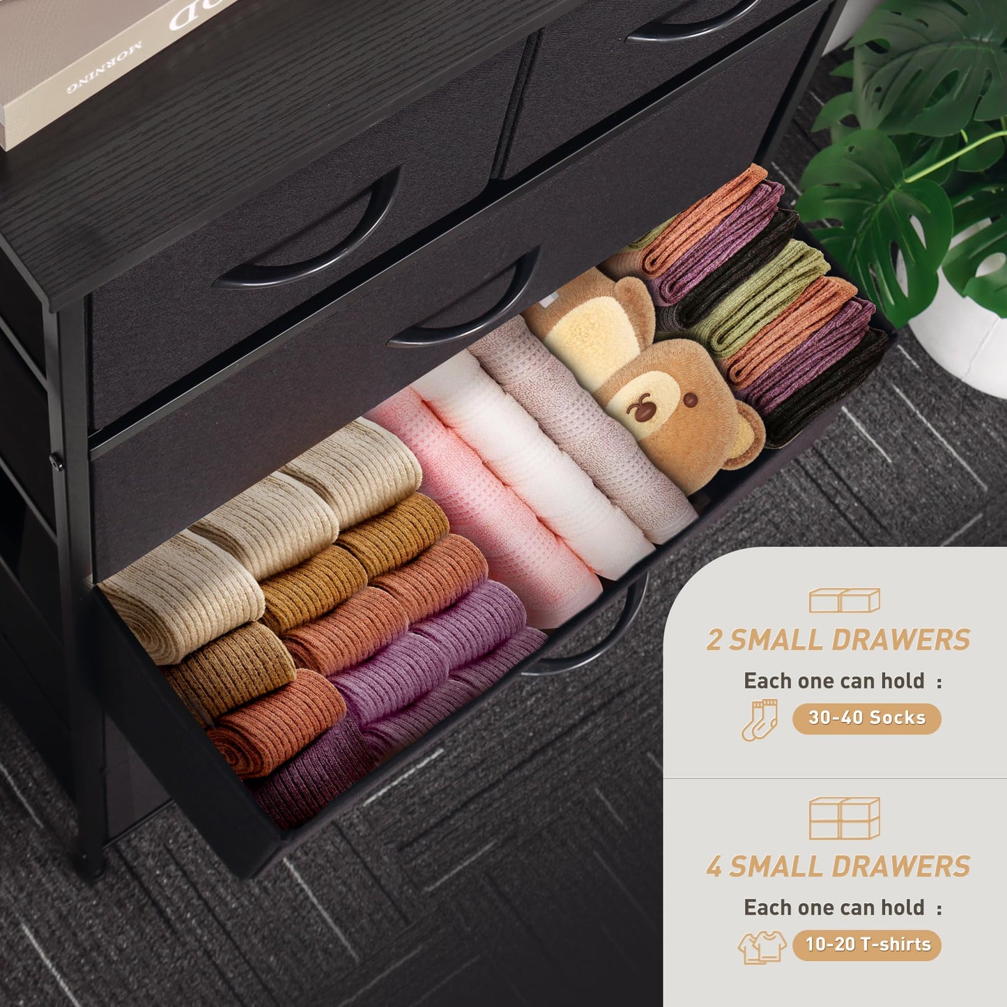 Mifuro Tall Dresser for Bedroom, Vertical Storage Organizer Tower with 6 Drawers, Chest of Drawers with Fabric Bins, Steel Frame, Wood Top for Bedroom, Closet, Entryway- Black