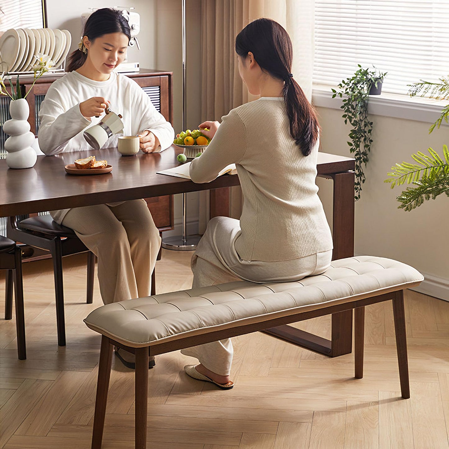Cttasty Entryway Bench, Solid Wood Dining Bench, Midcentury End of Bed Bench with PU Leather Padded Seat, Bedroom Bench, 47.24" L x 12.6" W x 17.72" H (Beige)