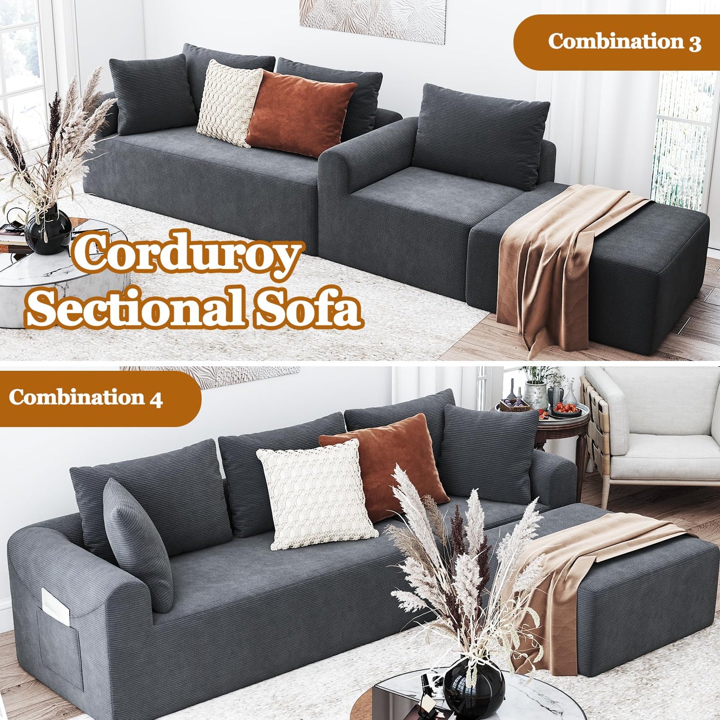 Cloud Sectional Couch with Ottoman, Modern L-Shaped Modular Sectional Sofa with Chaise Corduroy Boneless Couches for Living Room Bedroom Apartments, Stain-Resistant Fabric & Free Assembly, Grey