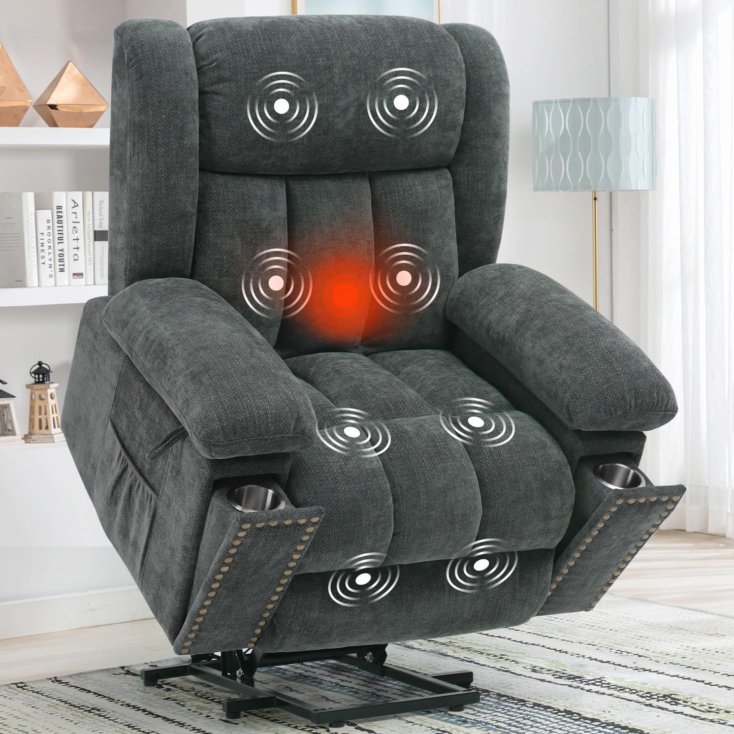 SENYUN Electric Power Lift Recliner Chair for Elderly with Heat & Massage, Chenille Large Reclining Chairs w/2 Concealed Cup Holders for Seniors Home Living Room,1PC,Grey Blue