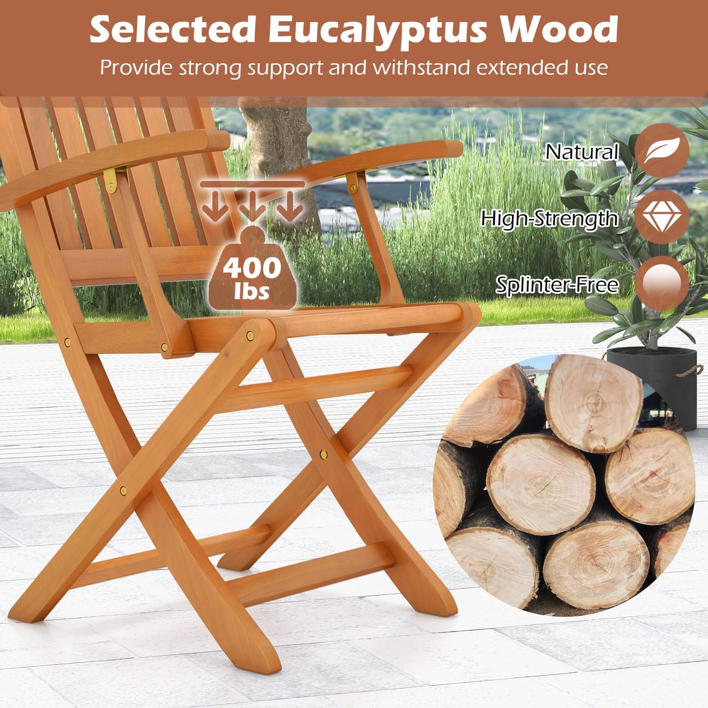 Tangkula Patio Wood Folding Chair Set of 4, Outdoor Eucalyptus Wood Dining Chairs w/Armrests & Slatted Seat, for Backyard, Porch, Poolside, Lawn, Garden, Load up to 400 LBS (2, Natural)