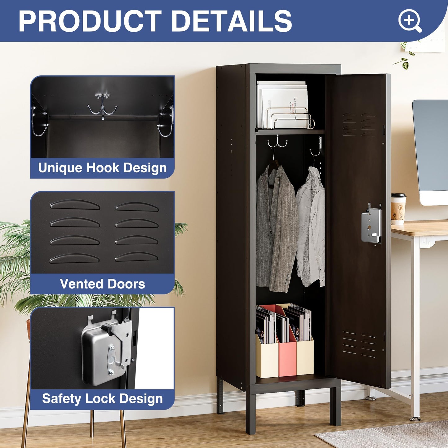 Anxxsu Metal Storage Locker, Lockable Employees Metal Locker with Door, 55" Height Steel Locker for Home, School, Office, Gym (Retro Black)