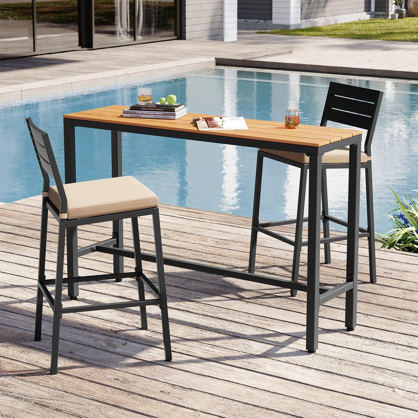 Crestlive Products Outdoor Bar Stools Set of 2, Patio Counter Height Barstools with Cushions, Tall Chairs with Back and Footrest for Deck, Lawn, Garden, Backyard, Poolside, Or Indoor Use (Beige)