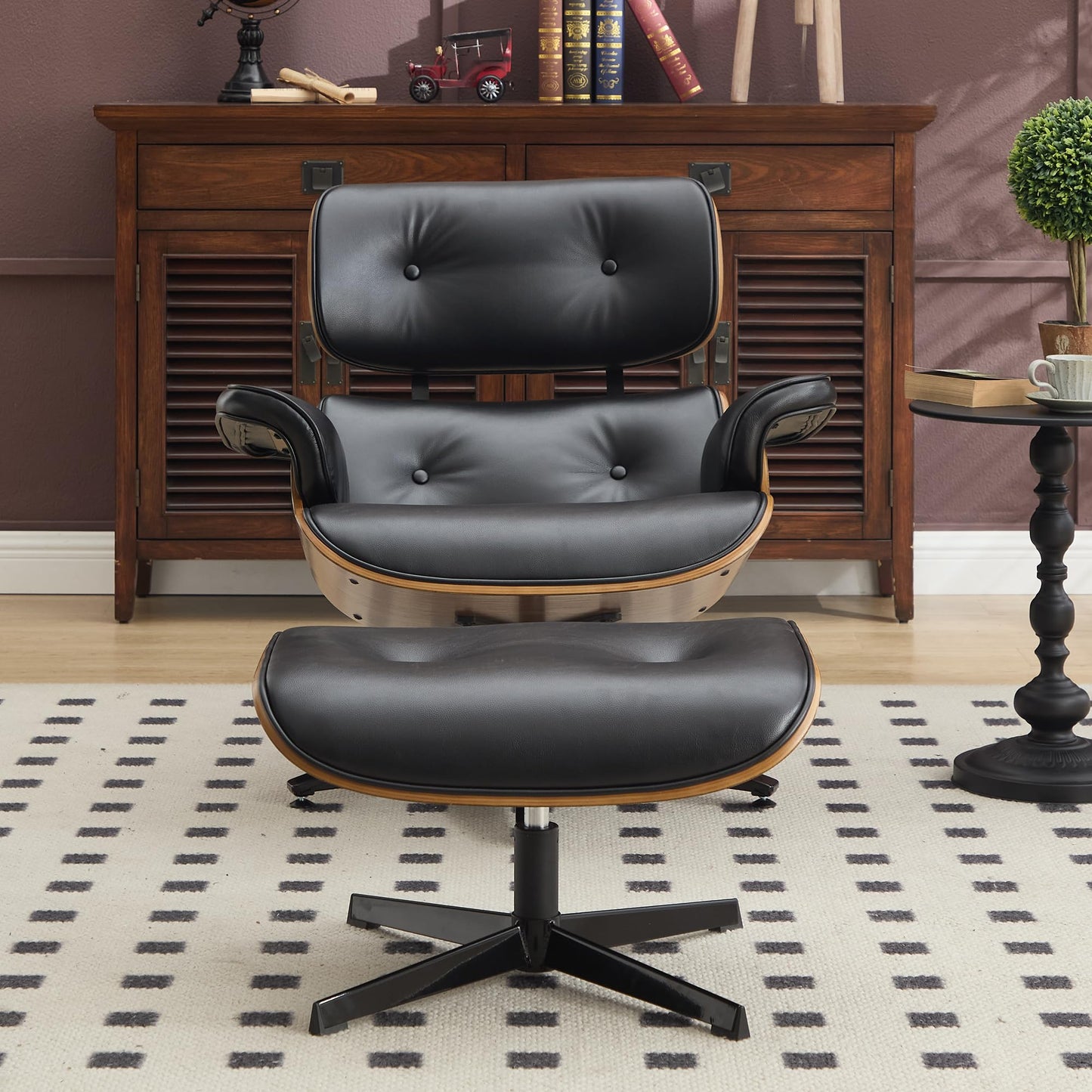 KEEZY Mid-Century Modern Lounge Chair and Ottoman Set, Classic PU Leather Upholstery, Walnut Wood Trim, 360° Swivel, Ergonomic Tilt Function, Perfect for Living Rooms, Home Offices (Black)