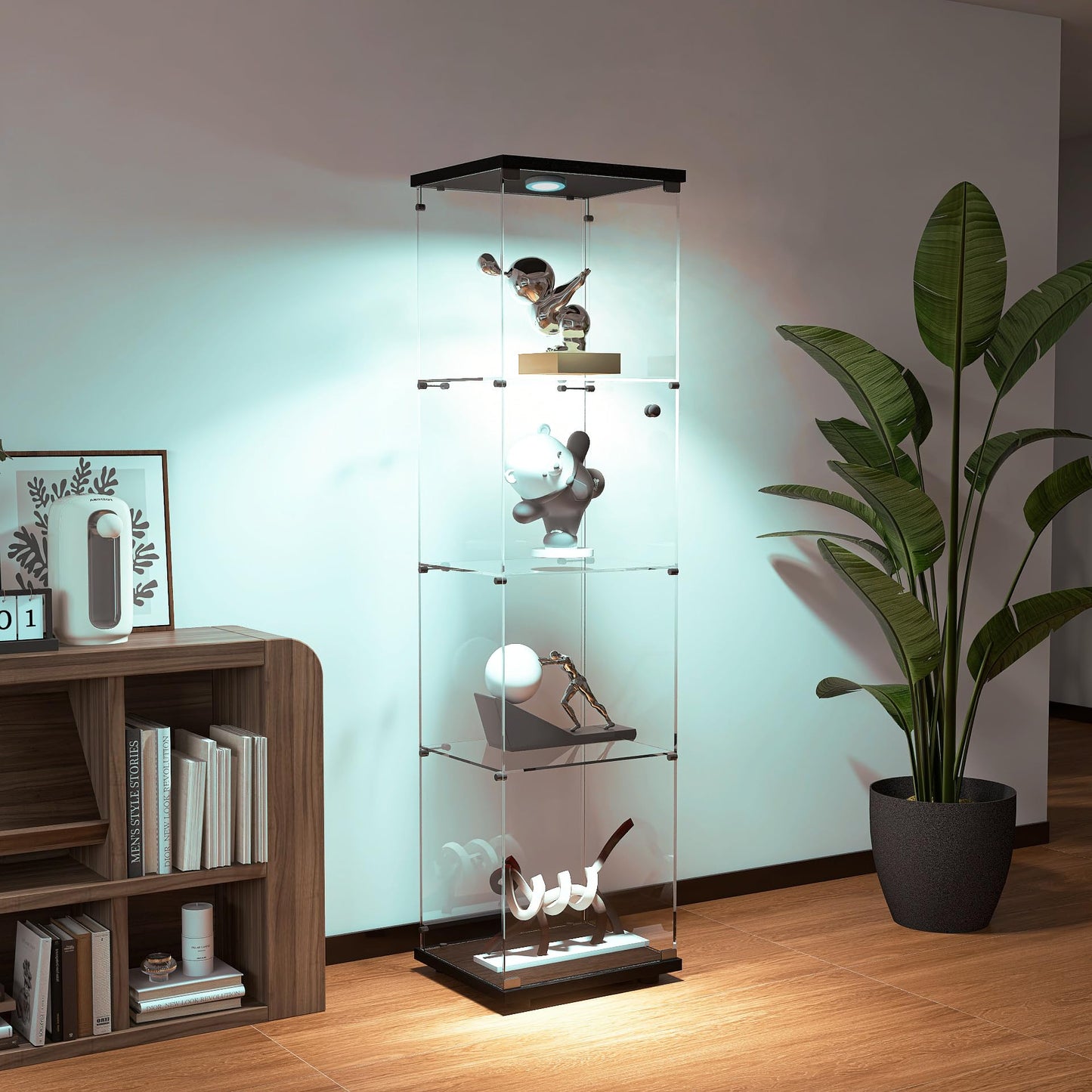 Zacis Glass Display Cabinet with Lights and Lock, 4-Tier Display Case Curio Cabinet with Glass Door, Floor Standing Showcase for Living Room Bedroom Home Office 16.7" W x 14.3" D x 64.5" H