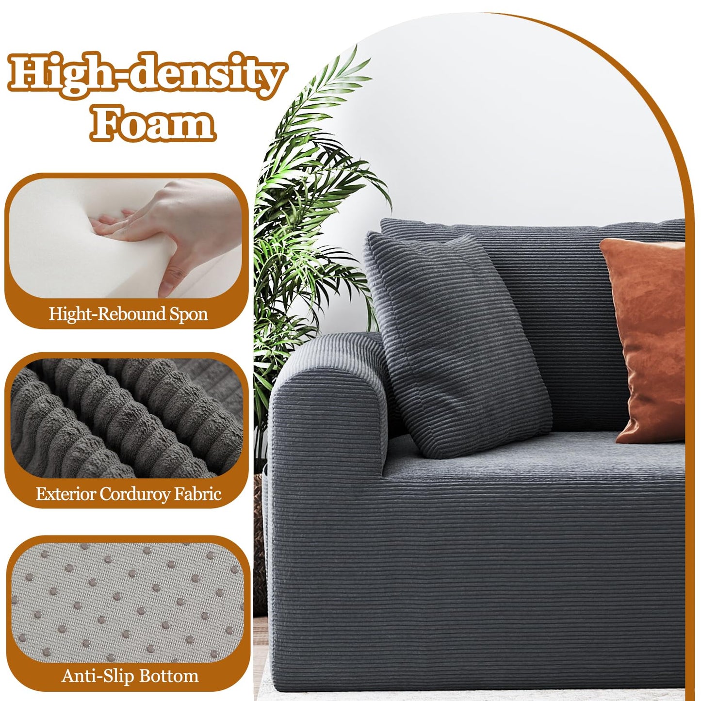 Cloud Sectional Couch with Ottoman, Modern L-Shaped Modular Sectional Sofa with Chaise Corduroy Boneless Couches for Living Room Bedroom Apartments, Stain-Resistant Fabric & Free Assembly, Grey