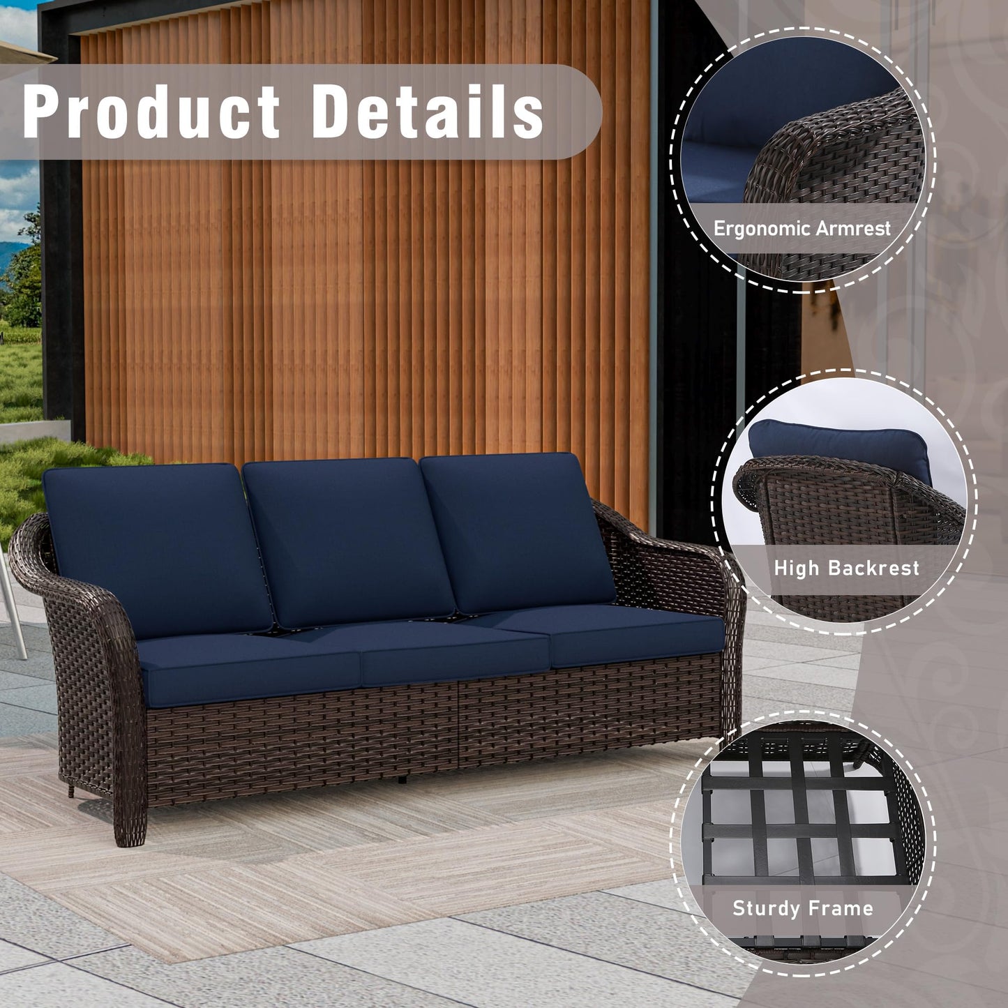 Qsoer 77 inch Outdoor Wicker 3 Seater Sofa, All-Weather Use Patio Rattan Sofa with Seat and Back Cushion, Ideal for Porch, Backyard, Balcony, Poolside, Blue