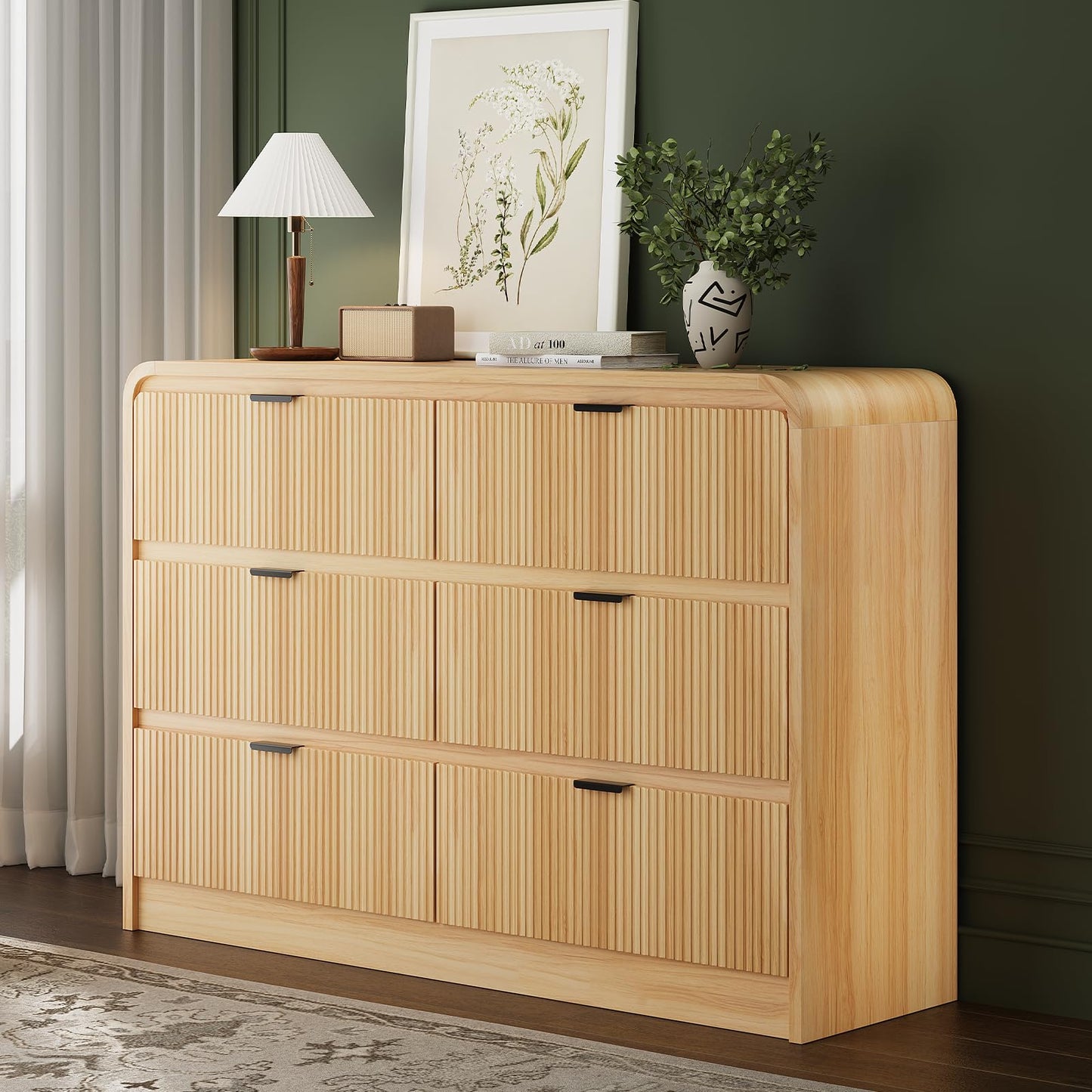 FURSUN Fluted 6 Drawers Dresser for Bedroom, 54" Wide Wooden Dresser with Metal Handle, Curved Profile Design, Modern Storage Organizer for Living Room, Hallway (Natural Oak)