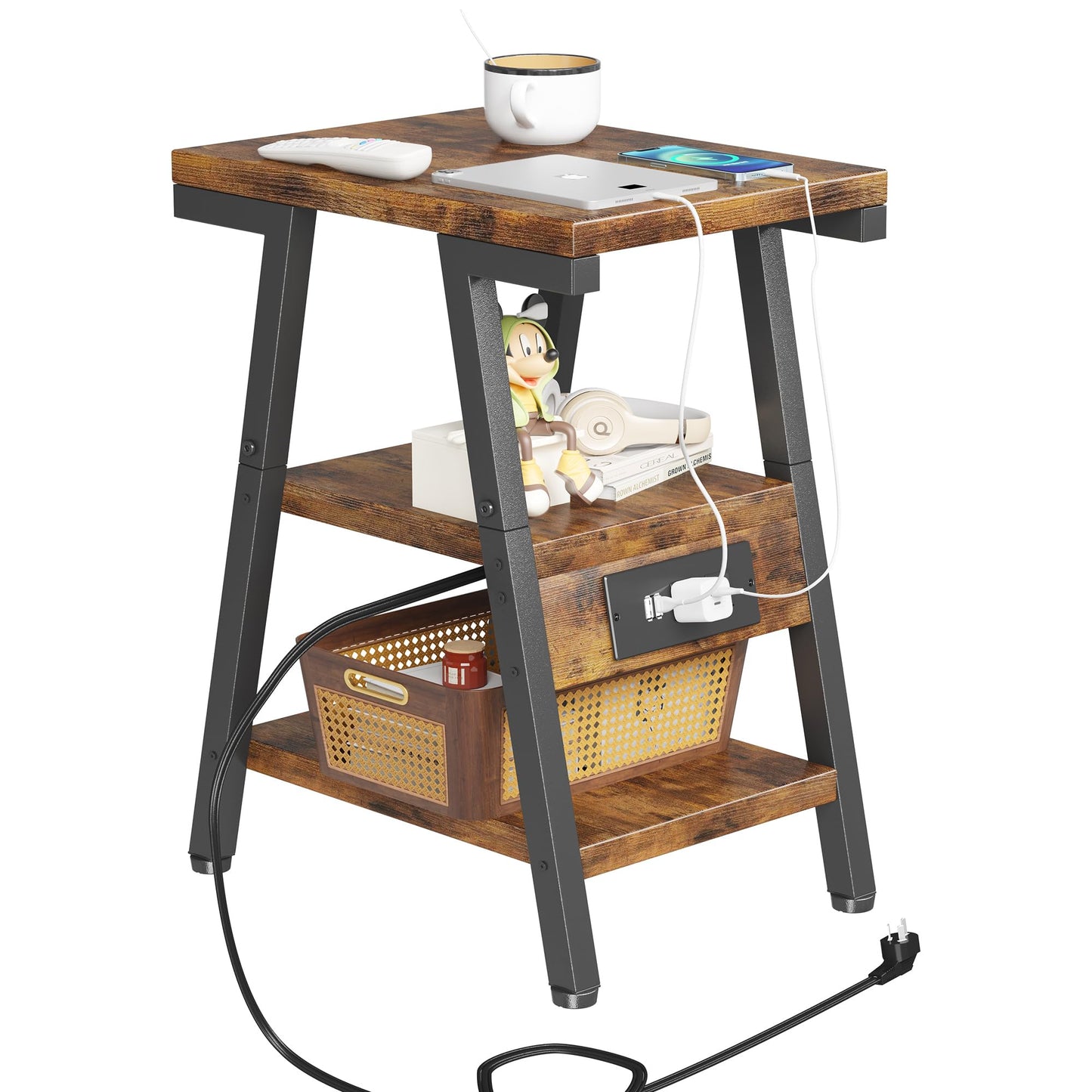 End Table with Charging Station, Small Side Tables with Lucky 7 Metal Shape, 3-Tier Nightstand with Outlets and USB Ports, Adjustable Leveling Feet, side Table for Living Room, Bedroom (Rustic Brown)