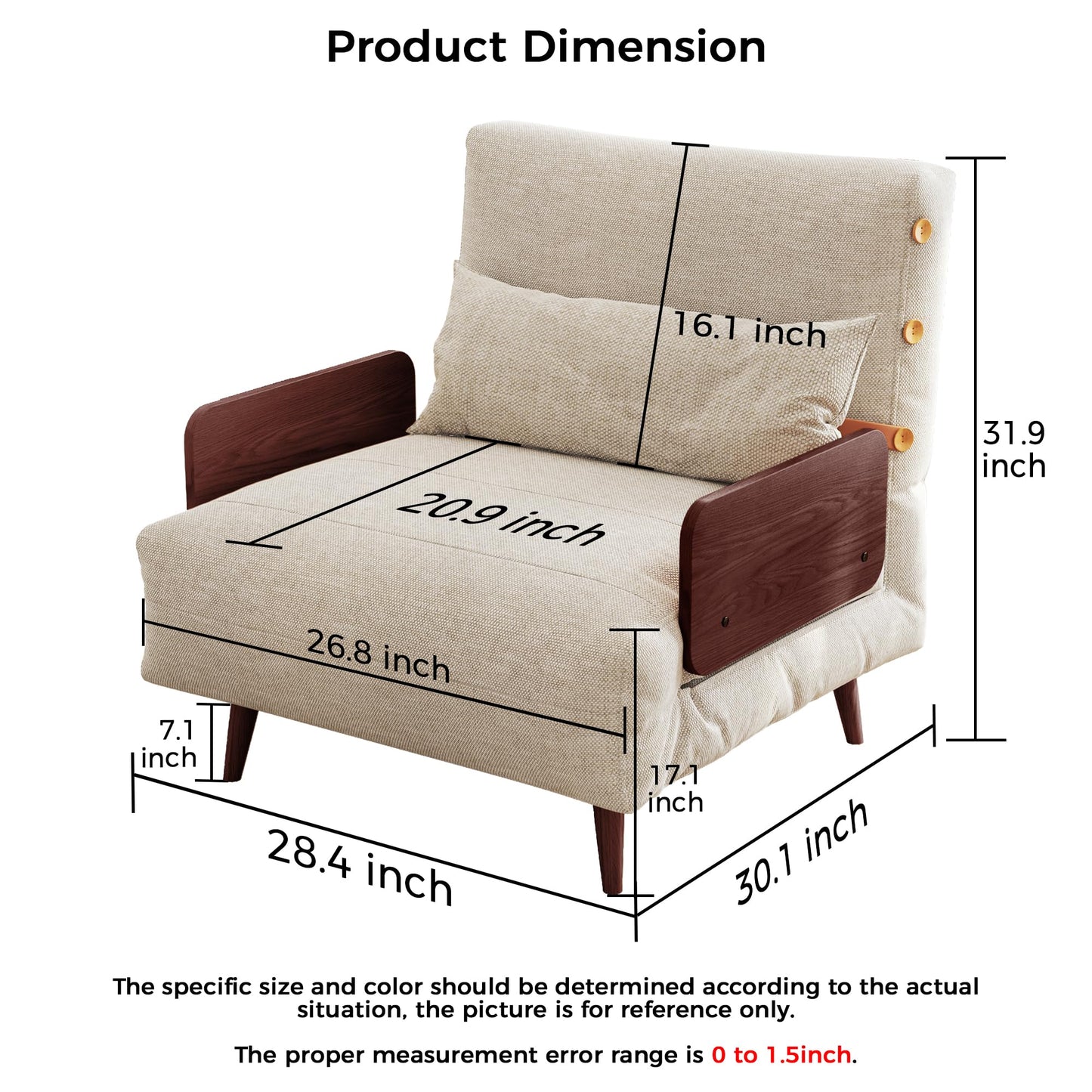 JASIWAY 3-in-1 Convertible Chair Bed Sleeper for Adults, Linen Convertable Sleeper Chair with Wooden Arms & Pillows, Foldable Single Futon Sofa Bed (Modern with Walnut Arm, 28.4" Wide)