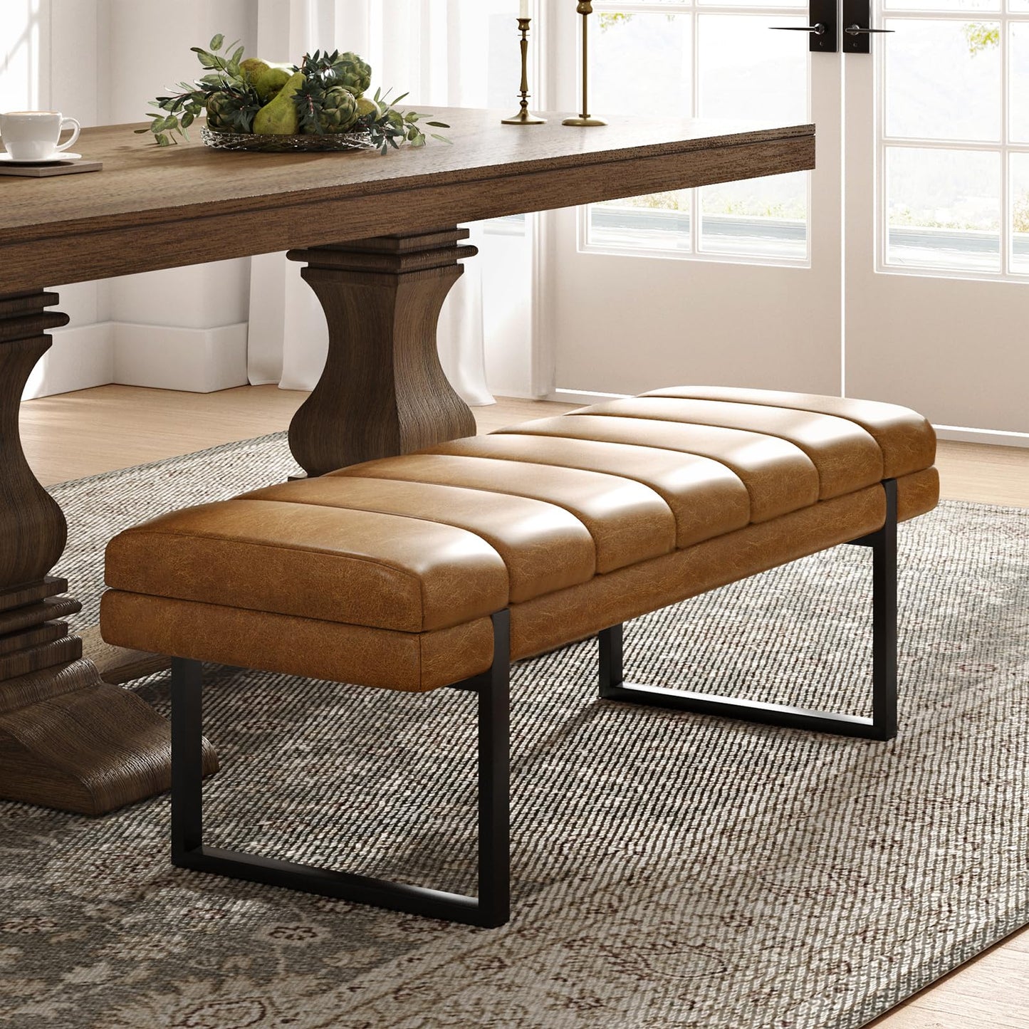 HULALA HOME 53" Faux Leather Entryway Bench, Button Tufted End of Bed Bench Ottoman for Bedroom, Living Room with Metal Base,Camel