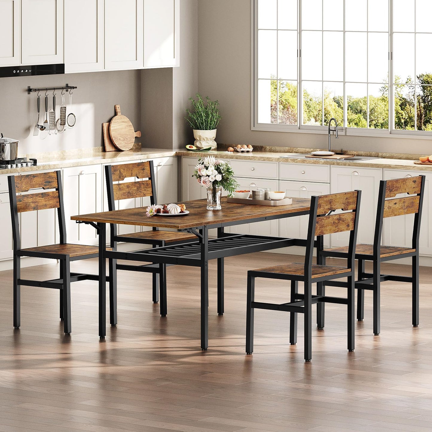 RALGEND Dining Chairs Set of 4, Rustic Wooden Kitchen Chairs with Backrests and Metal Frame, Modern Farmhouse Dinner Chairs for Kitchen, Easy Assembly, Living Room, Dining Room, Rustic Brown and Black