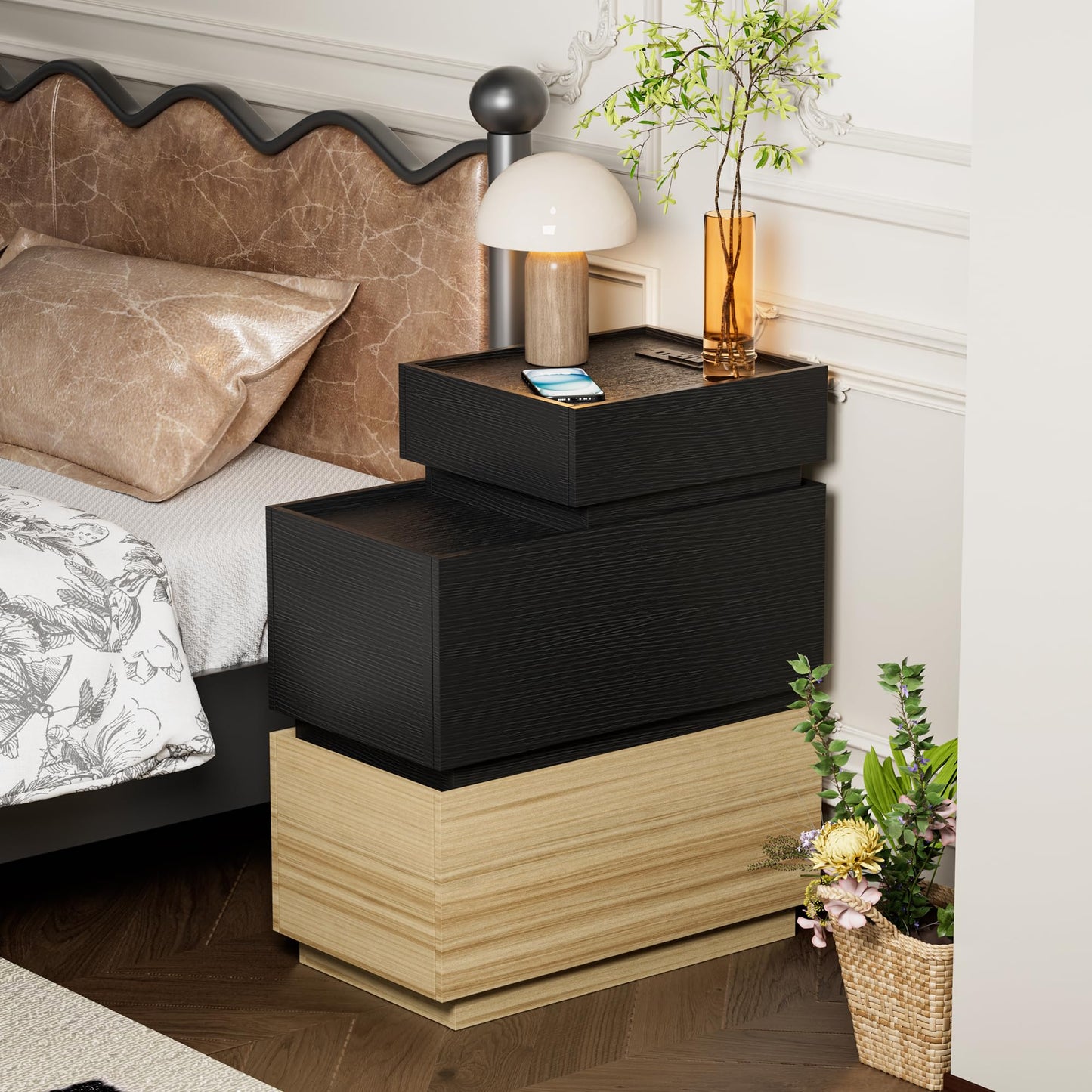 UEV End Table with Charging Station,Narrow Side Table for Living Room,Nightstand with Drawers and Storage,Sofa Side Table with USB Ports and Power Outlets for Living Room and Bedroom,Black and Brown
