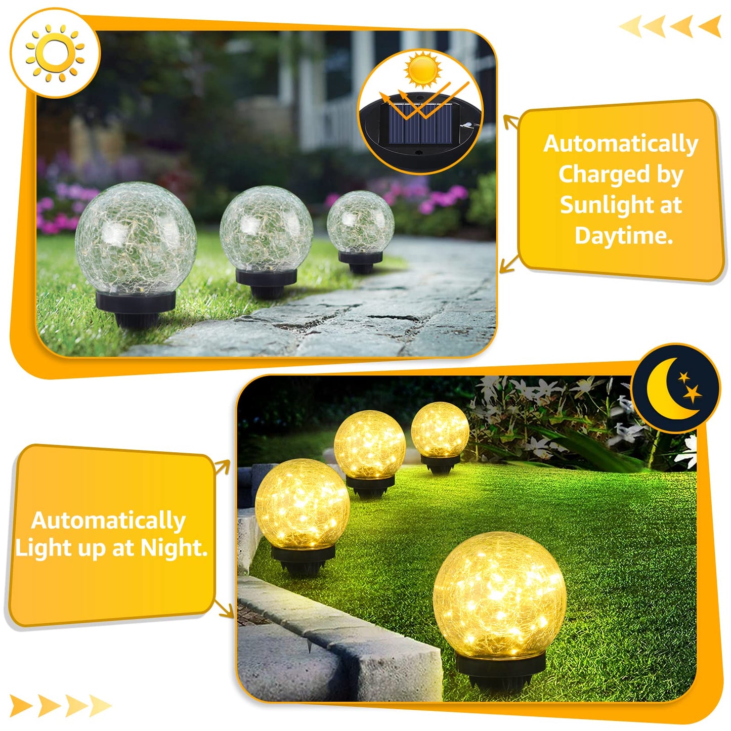 ASOMST 2-Pack Garden Solar Lights Outdoor, Cracked Glass Ball Light Waterproof, Decorative Solar Globe Lights Warm White for Yard Pathway Patio Lawn