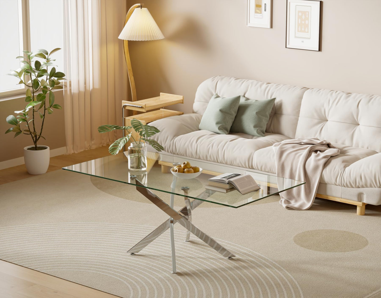 NIERN Tempered Glass Coffee Table with Chromed Legs, Rectangle Modern Living Room Table for Home Office Living Room (Sliver, 40” x 20” x 17”)