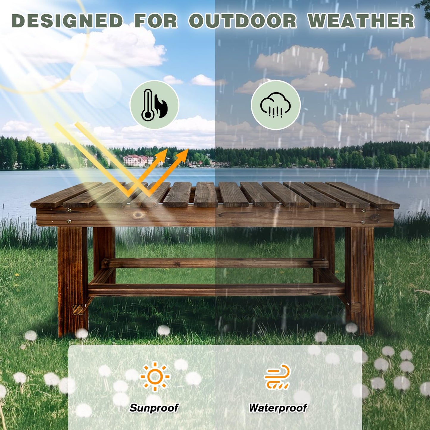 LSPYYDS Outdoor Garden Bench, 2-Person Wood Patio Bench Weatherproof Outdoor Backless Bench, Anti-Corrosion and Anti-Rust Garden Benches for Garden Lawn Porch Park Backyard (Carbonized,35.5''/90cm)
