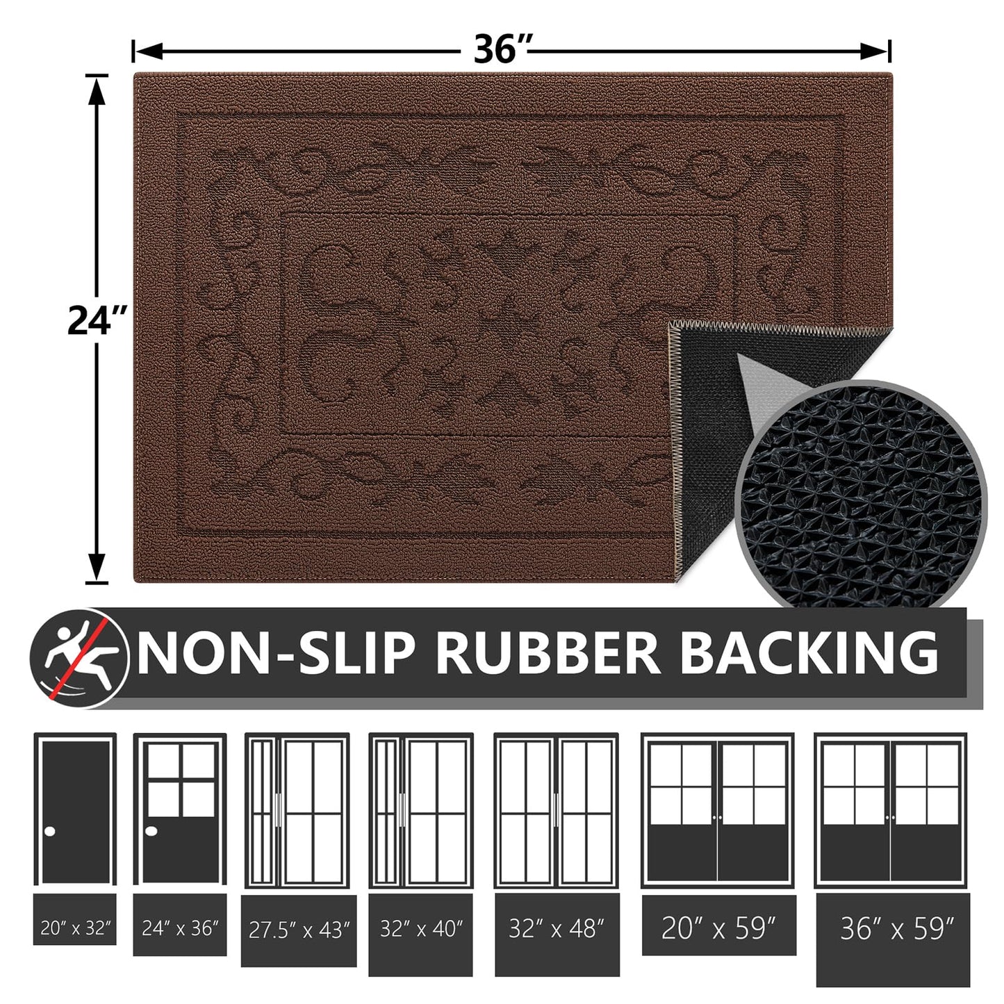 FONEYI Indoor Doormat, Front Back Door Mat 24"x36" Washable, Rubber Backing Non Slip Door Mats, Low-Profile Absorbent Entrance Doormat Inside Floor Mats for Entryway, Resist Dirt Entry Rugs, Coffee