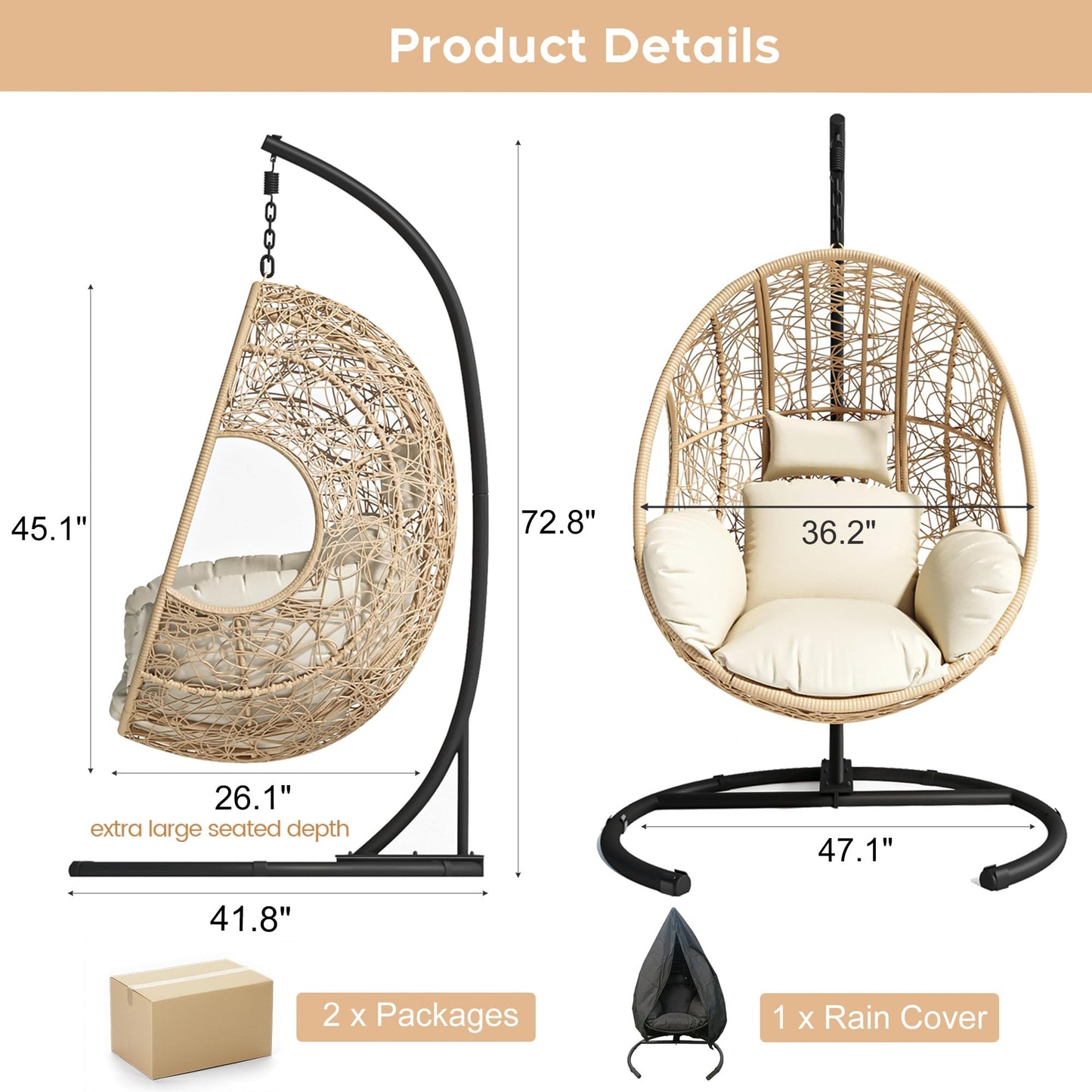 Terravoy Hanging Egg Chair with Stand, Outdoor Swing Egg Chair with Rain Cover, 400 LBS Capacity All-Weather PE Wicker Swing Chair with Waterproof Cushions (Beige, Nest)