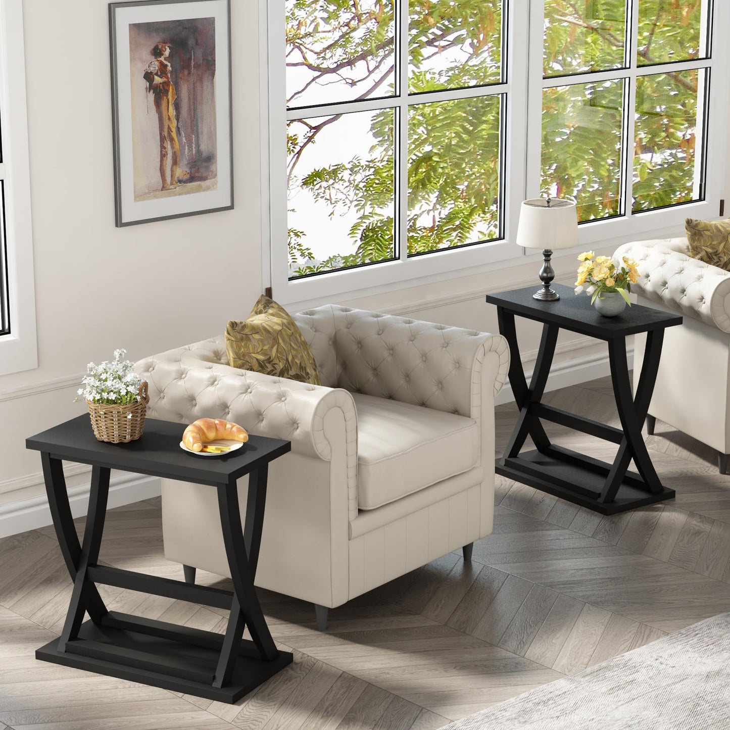 ChooChoo Black End Tables Living Room Set of 2, Narrow Side Table with Storage Shelf, Modern X-Design Slim End Table for Living Room, 11.8" D*23.6" W*23.4" D