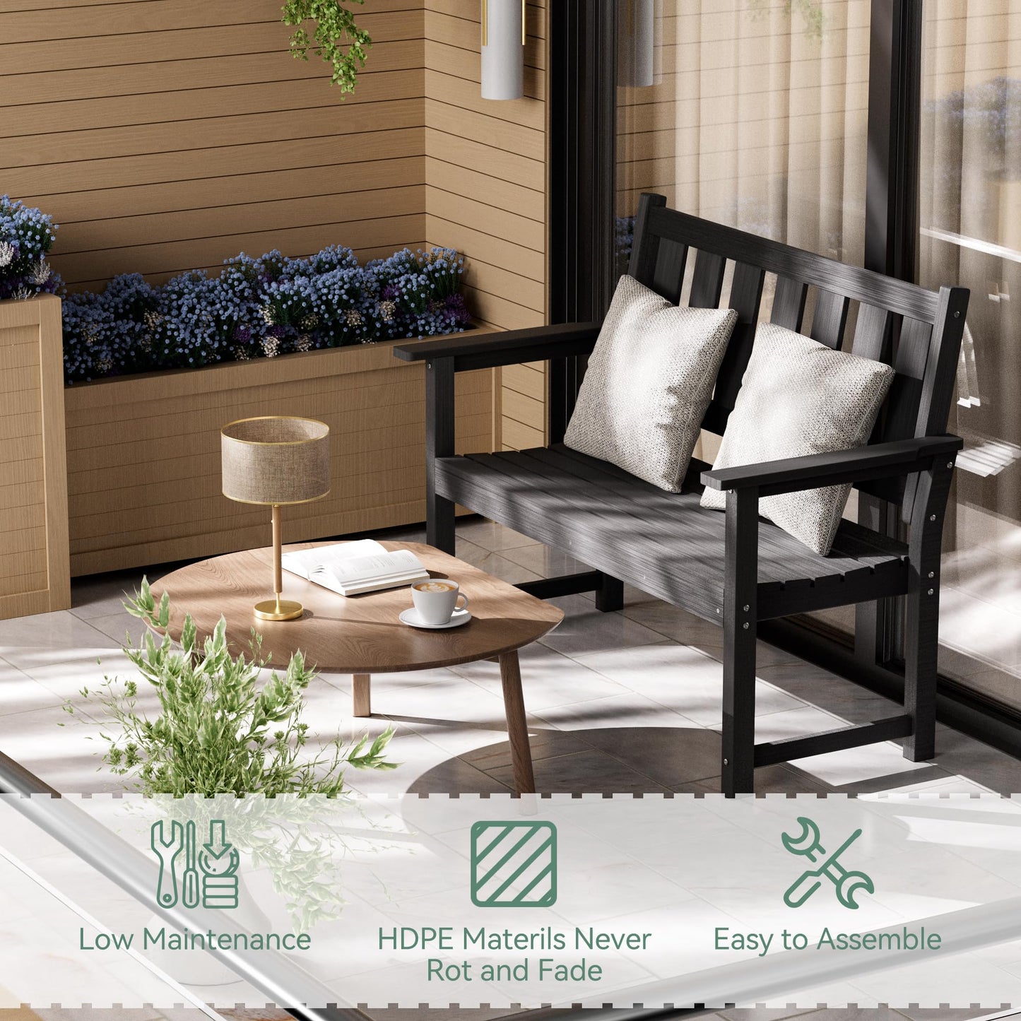 ACUEL HDPE Memorial Bench – 50'' Weatherproof Durable Outdoor Bench, 2-Person Park Bench, Easy to Move, Multi-Purpose Design Ideal for Porch, Patio, Church, and School (Black)