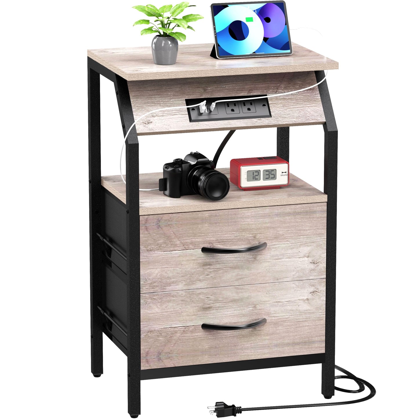 Storage End Table, Charging Nightstand with 2 Drawers, Small Fabric Dresser for Bedside, Wood and Metal Side Table for Living Room, Dorm, Grey Oak